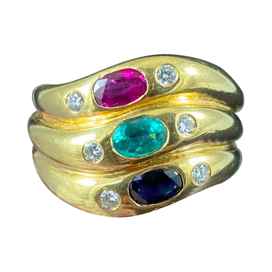 Vintage 1980s Ruby Emerald Sapphire Diamond 19.2 Karat Yellow Gold Stacked Ring