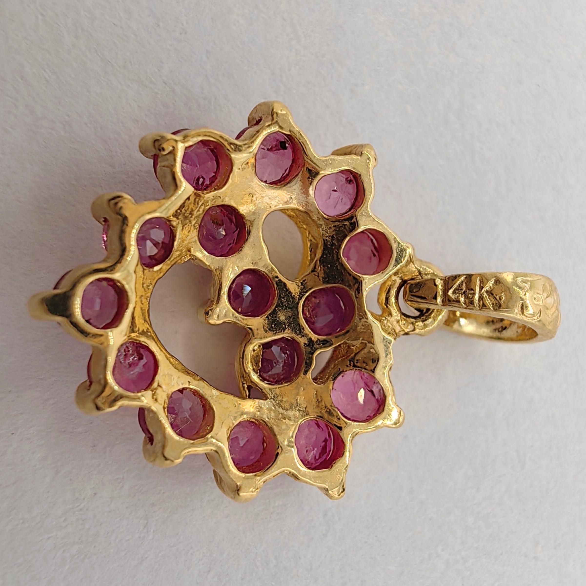 Round Cut Vintage 1980's Ruby Heart Necklace Pendant in 14k Yellow Gold For Sale