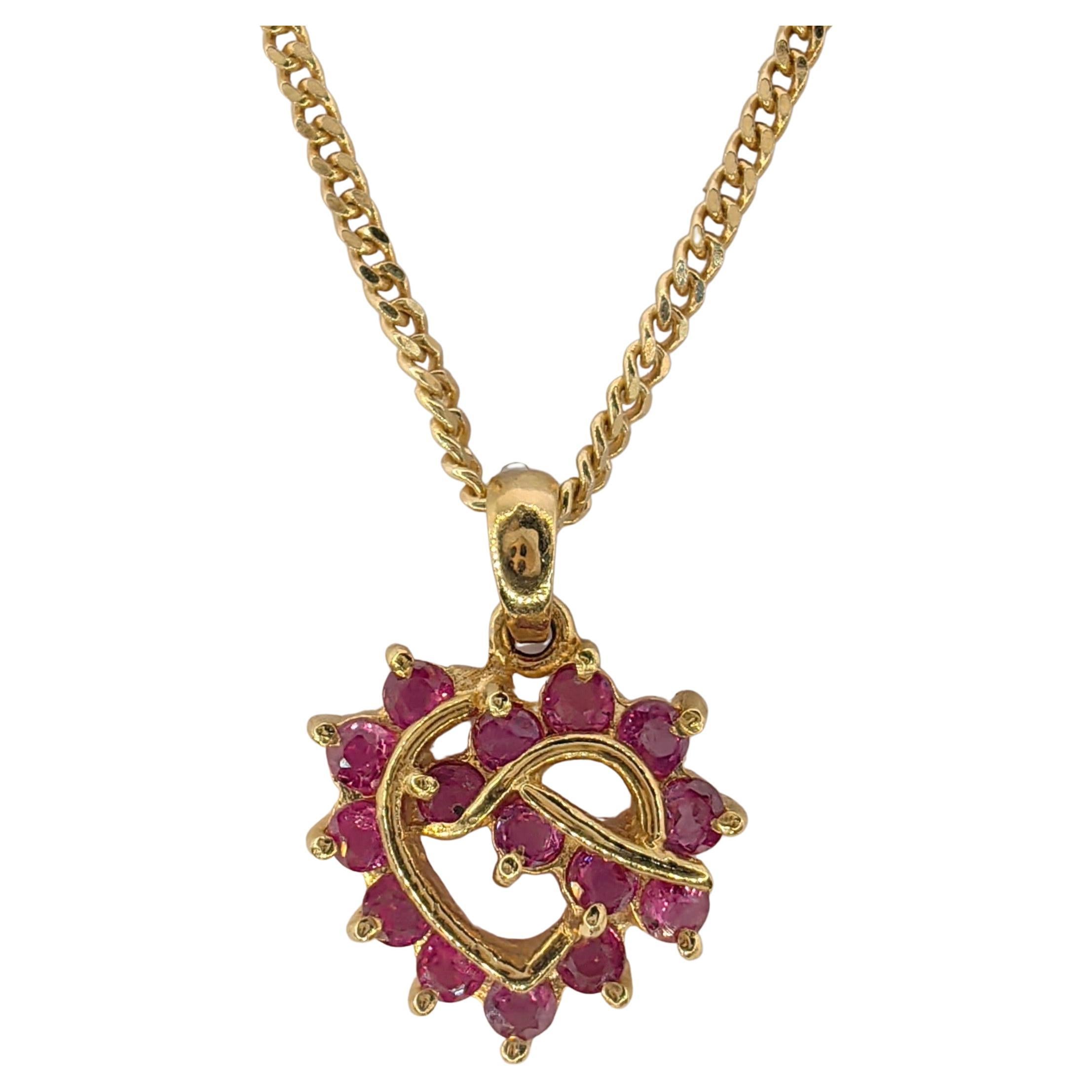 Vintage 1980's Ruby Heart Necklace Pendant in 14k Yellow Gold