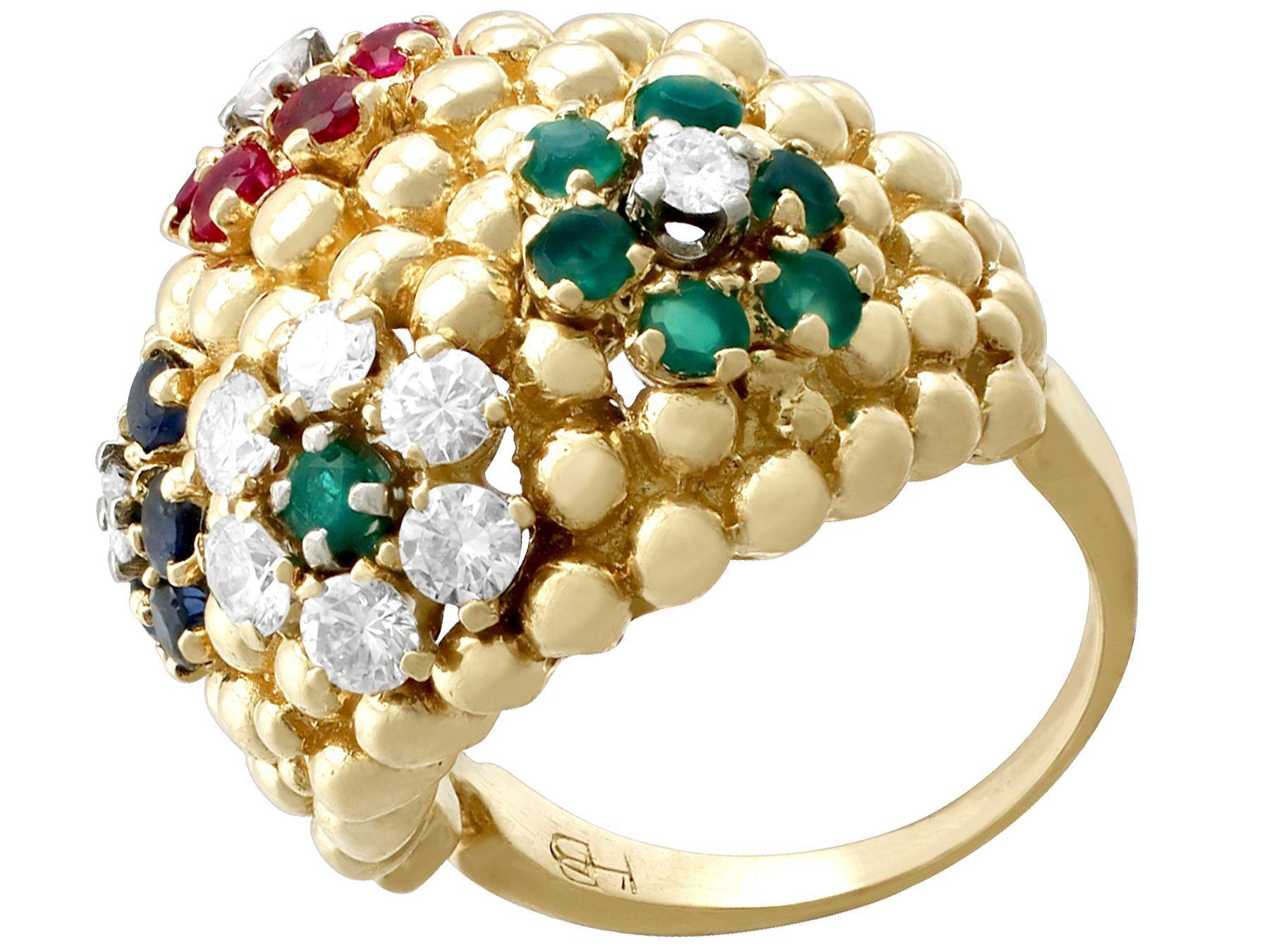 Vintage 1980s Ruby, Sapphire, Emerald and Diamond Yellow Gold Cocktail Ring In Excellent Condition For Sale In Jesmond, Newcastle Upon Tyne