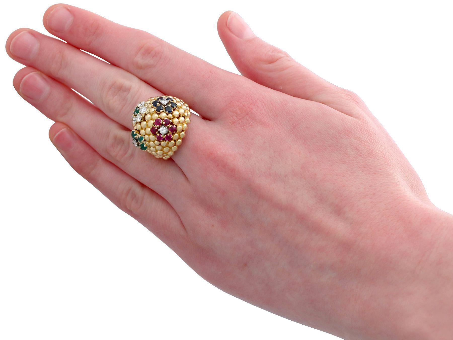 Vintage 1980s Ruby, Sapphire, Emerald and Diamond Yellow Gold Cocktail Ring For Sale 1
