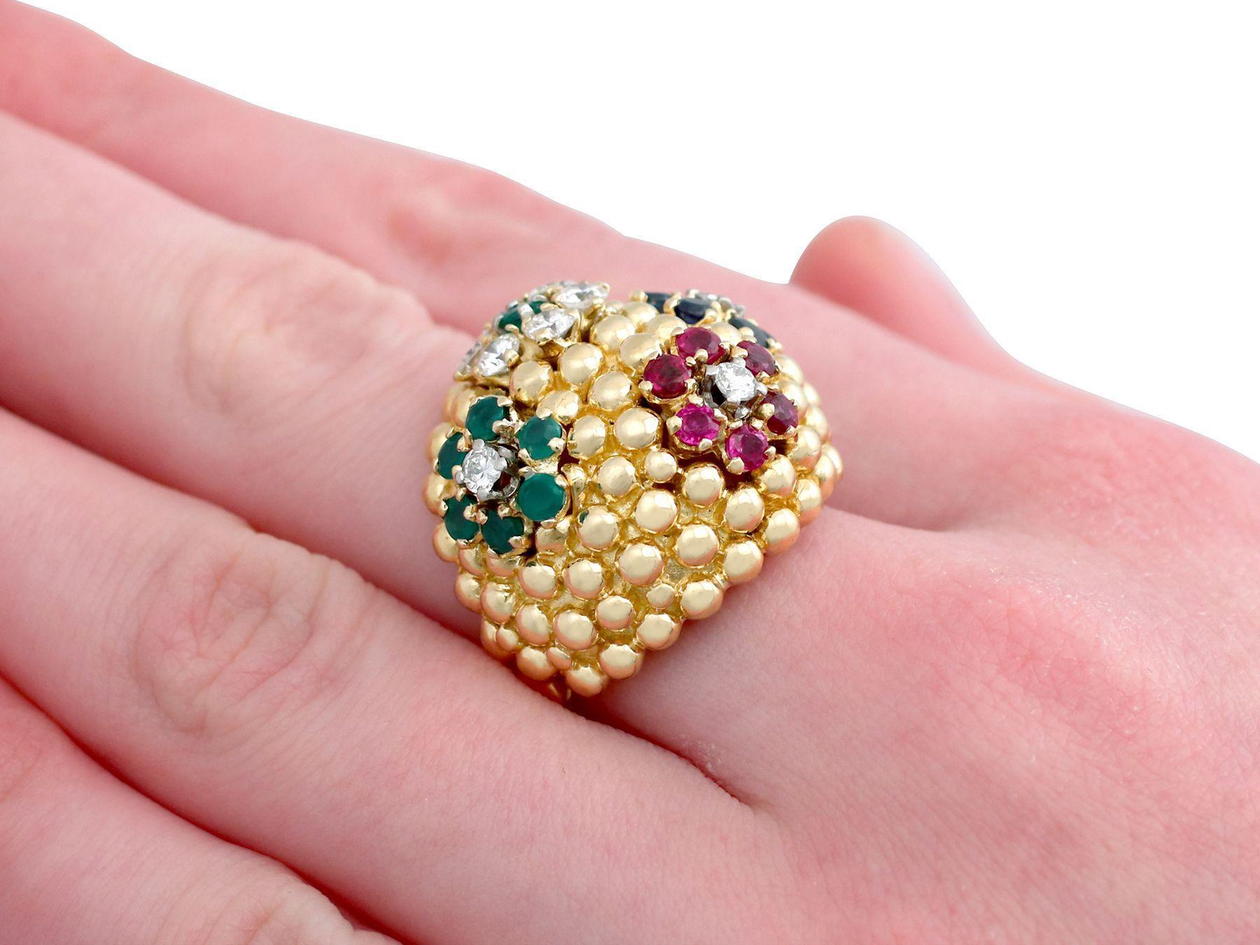 Vintage 1980s Ruby, Sapphire, Emerald and Diamond Yellow Gold Cocktail Ring For Sale 2