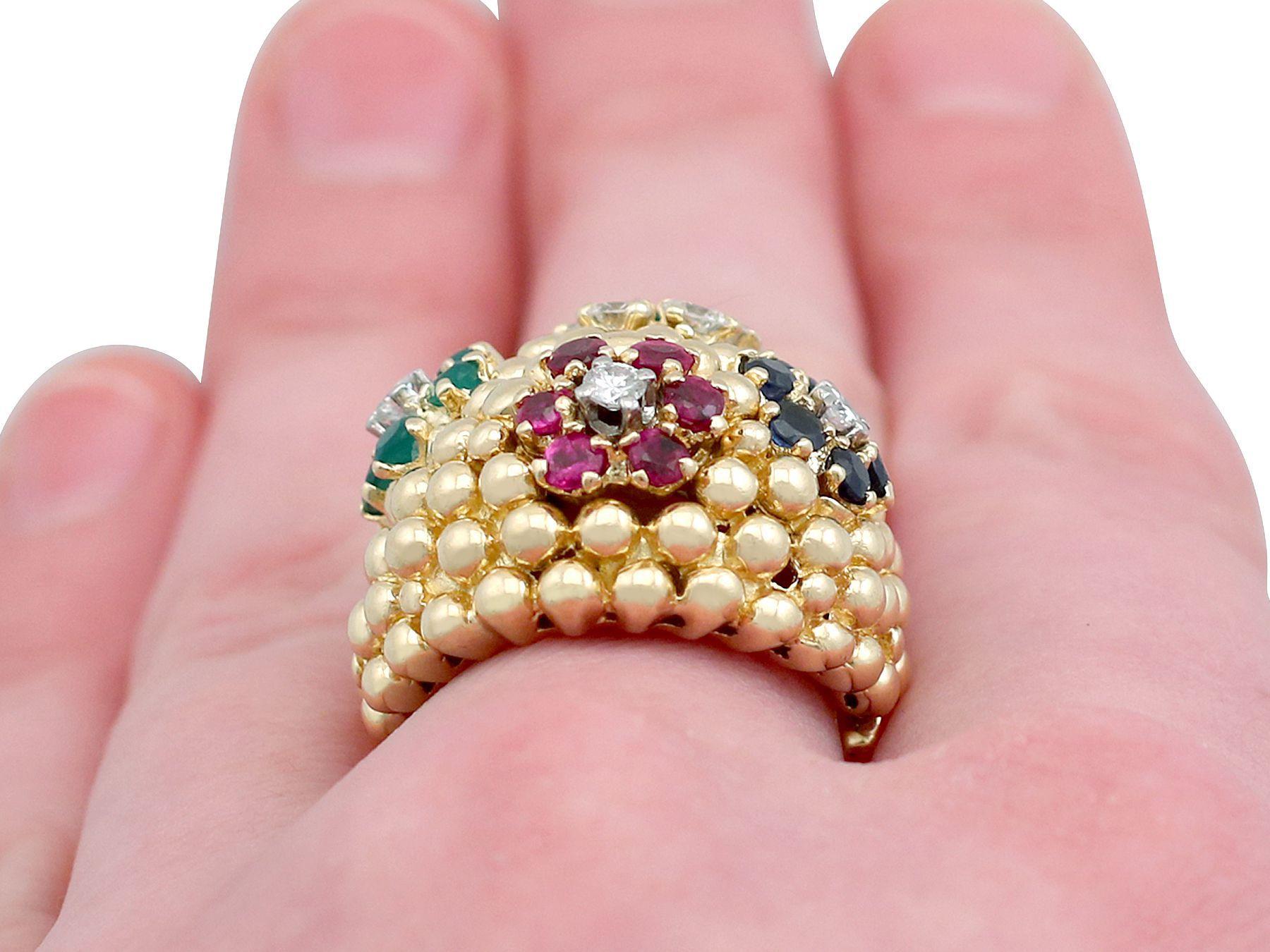 Vintage 1980s Ruby, Sapphire, Emerald and Diamond Yellow Gold Cocktail Ring For Sale 3