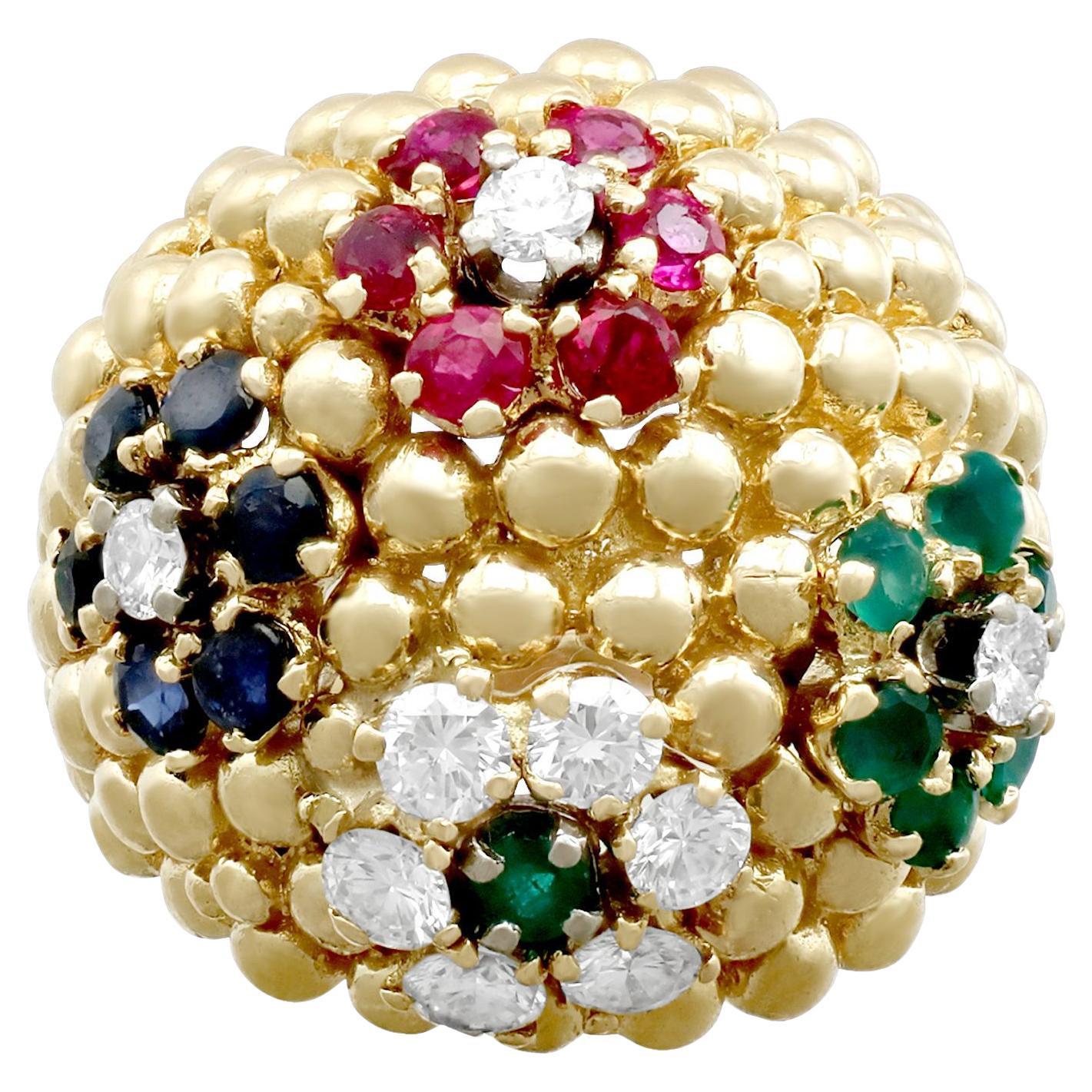 Vintage 1980s Ruby, Sapphire, Emerald and Diamond Yellow Gold Cocktail Ring For Sale