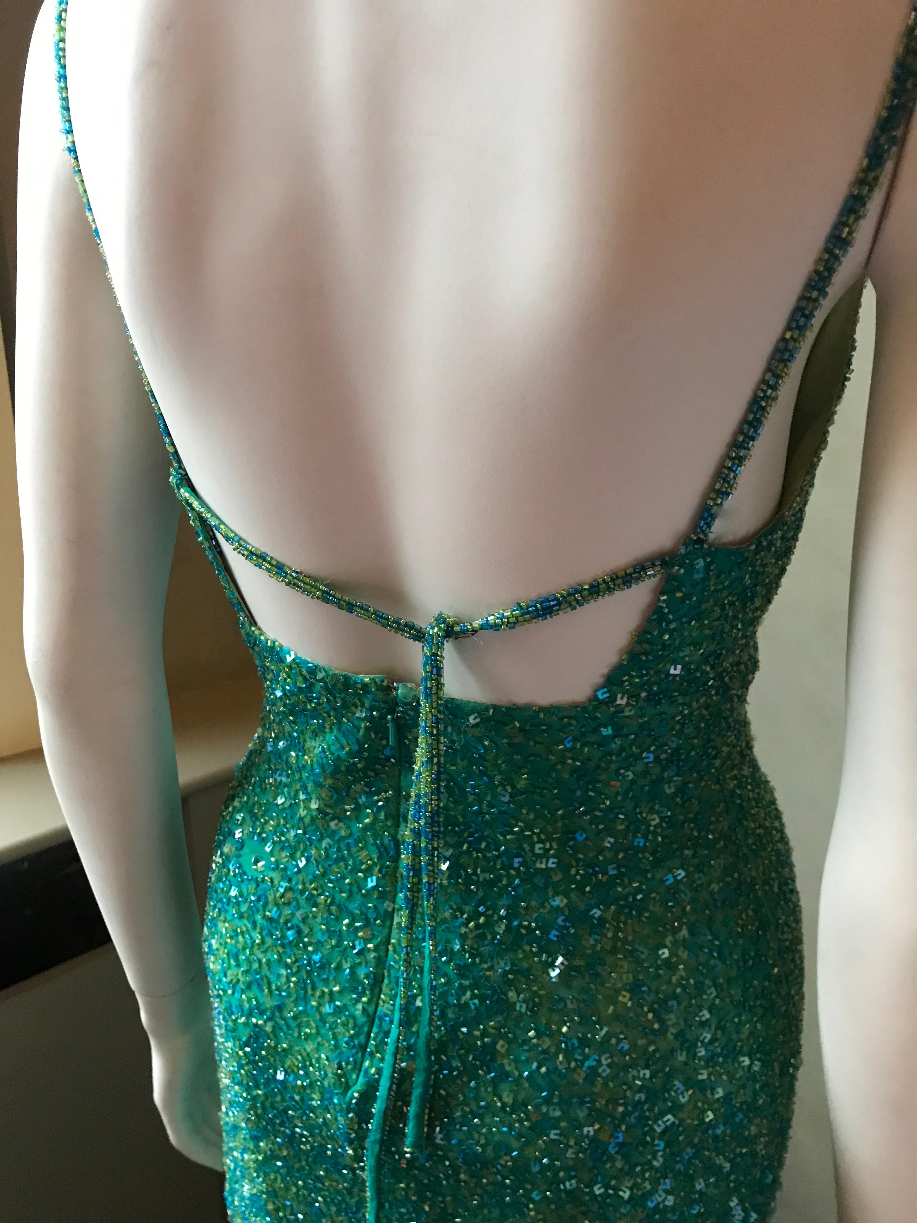 Vintage 1980's Scala Silk Beaded Teal Green Gown For Sale 3