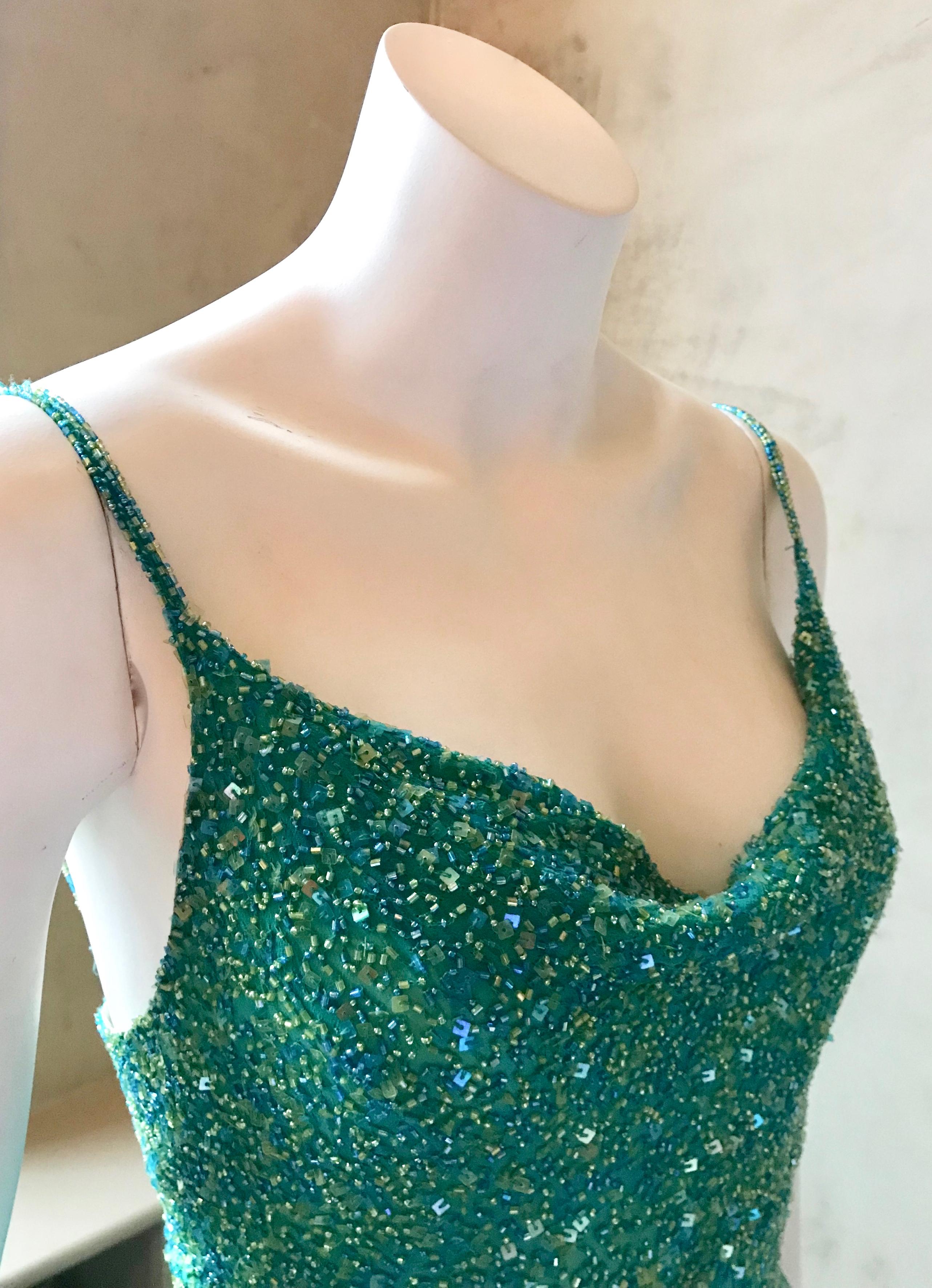 Vintage 1980's Scala Silk Beaded Teal Green Gown For Sale 4