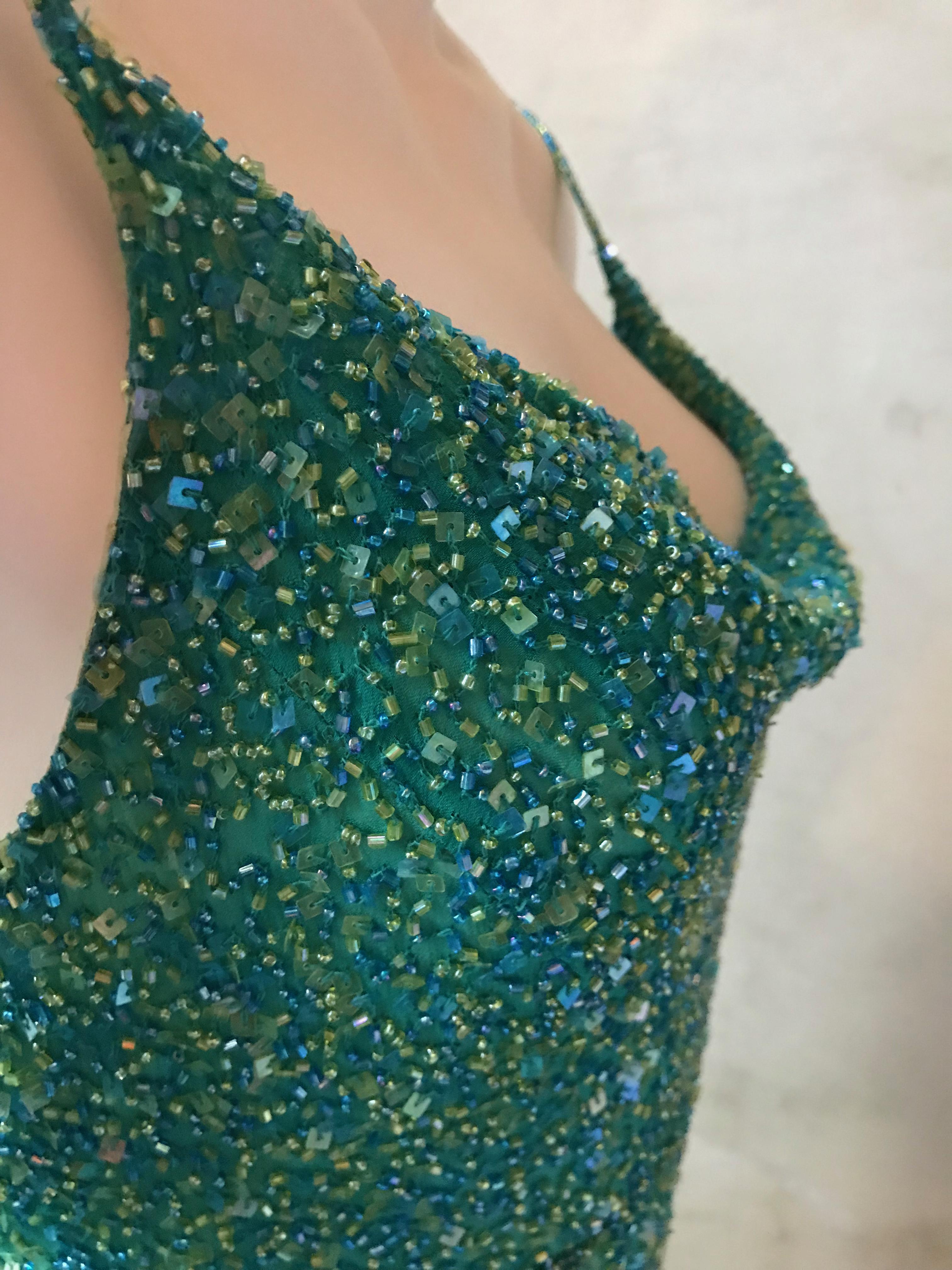 Vintage 1980's Scala Silk Beaded Teal Green Gown For Sale 5