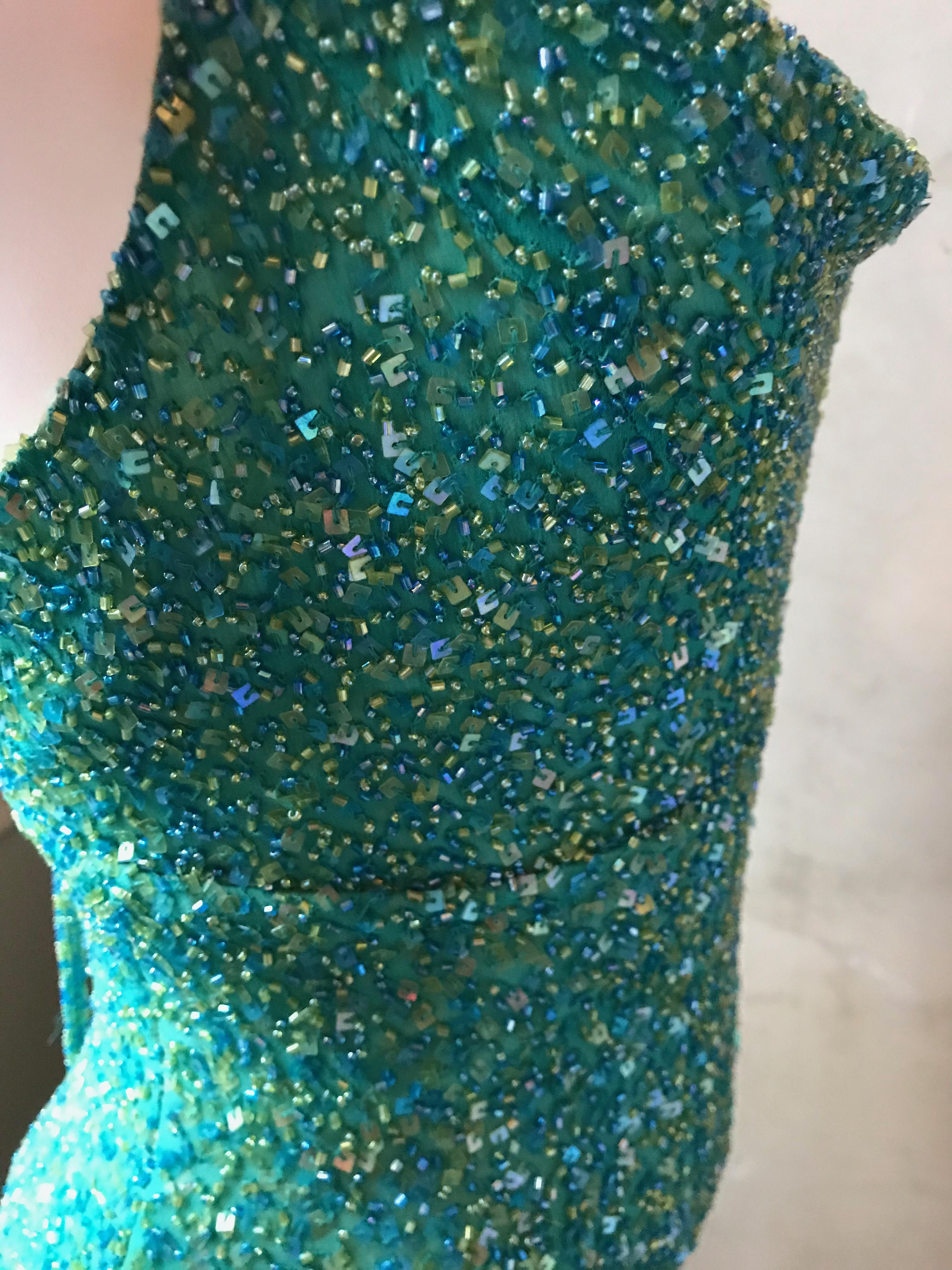Vintage 1980's Scala Silk Beaded Teal Green Gown For Sale 6