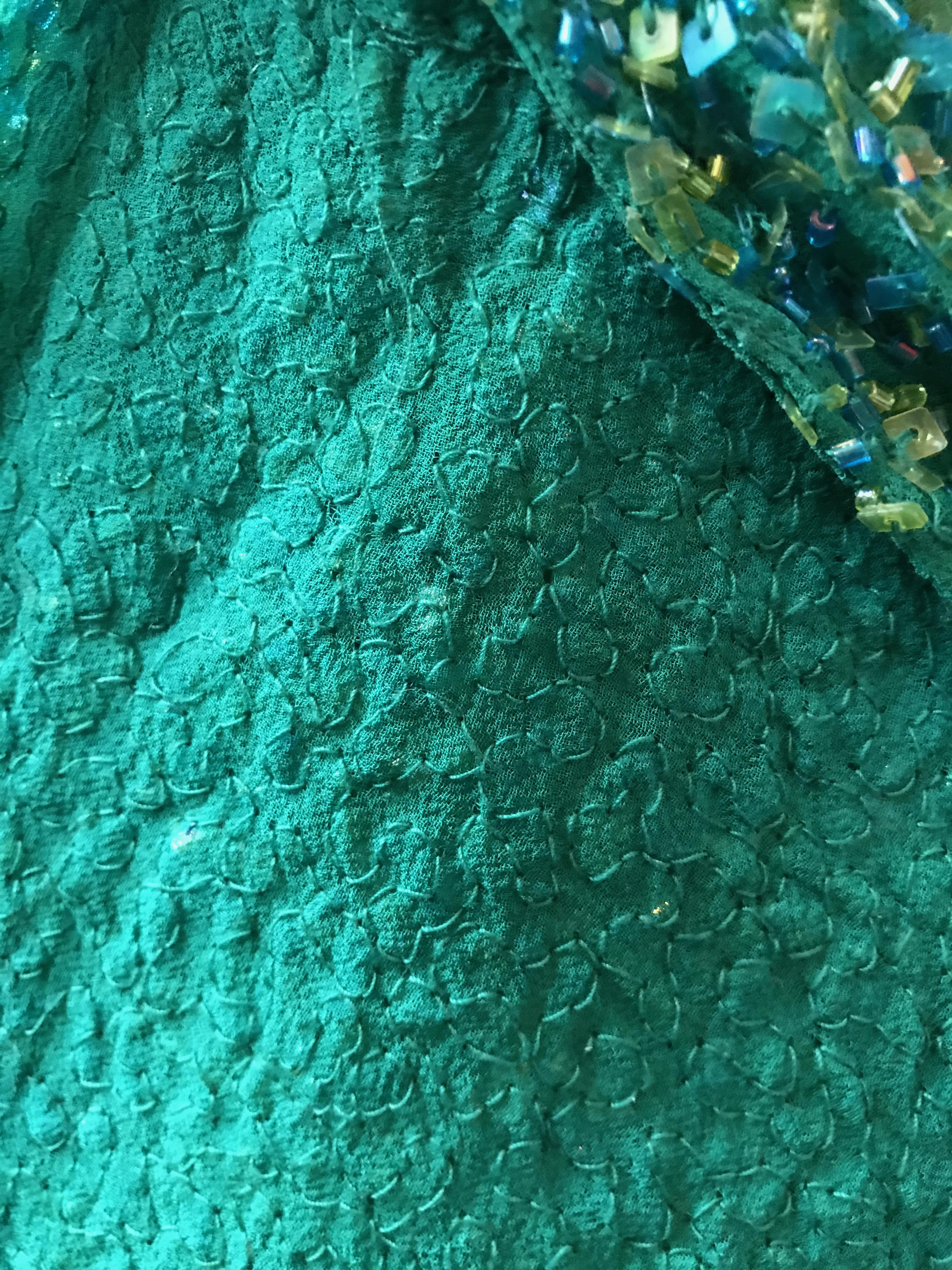 Vintage 1980's Scala Silk Beaded Teal Green Gown For Sale 7