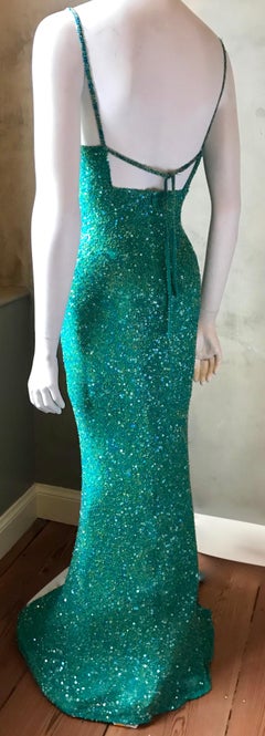 Vintage 1980's Scala Silk Beaded Teal Green Gown