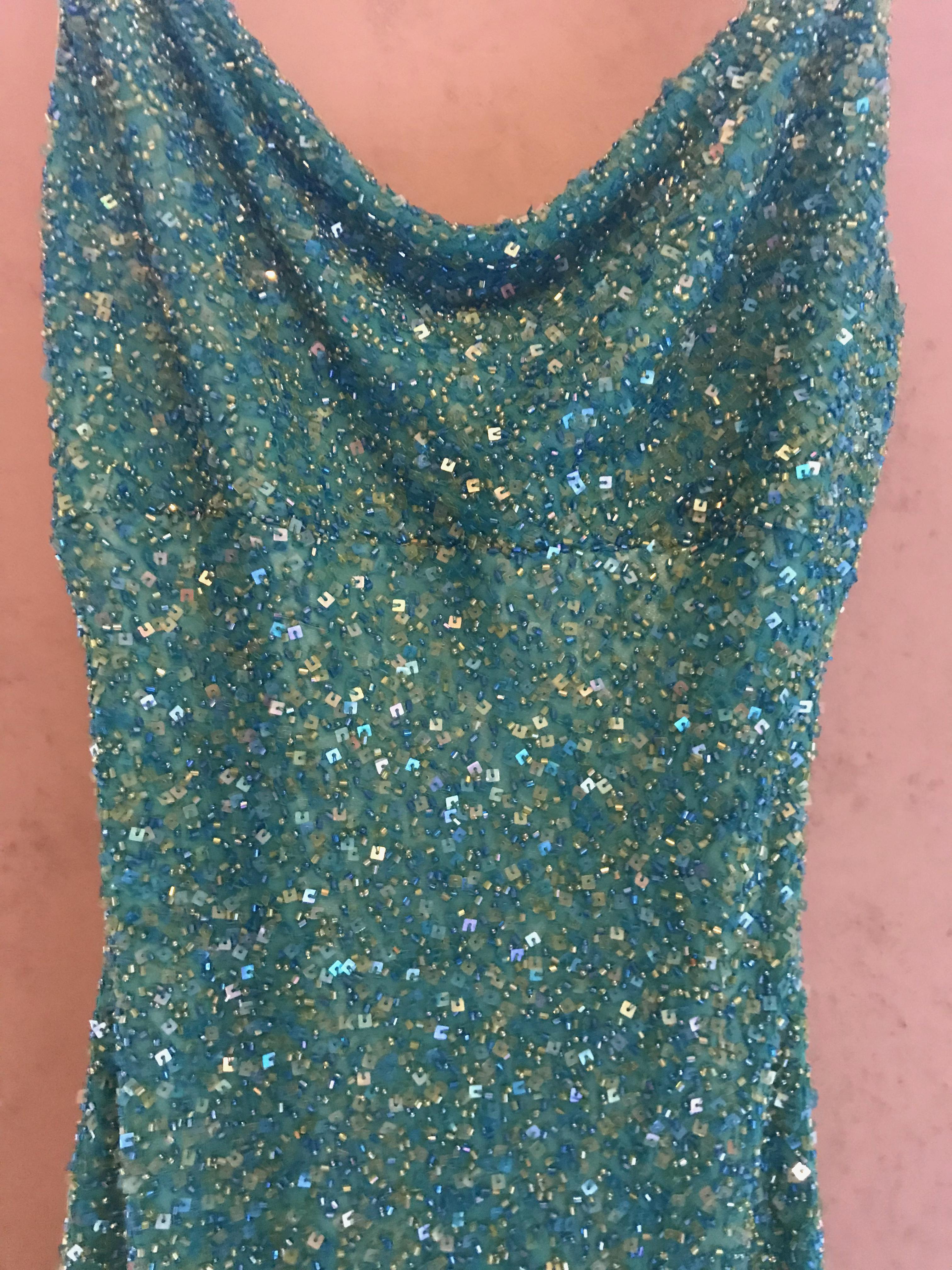 Vintage 1980's Scala Silk Beaded Teal Green Gown For Sale 1