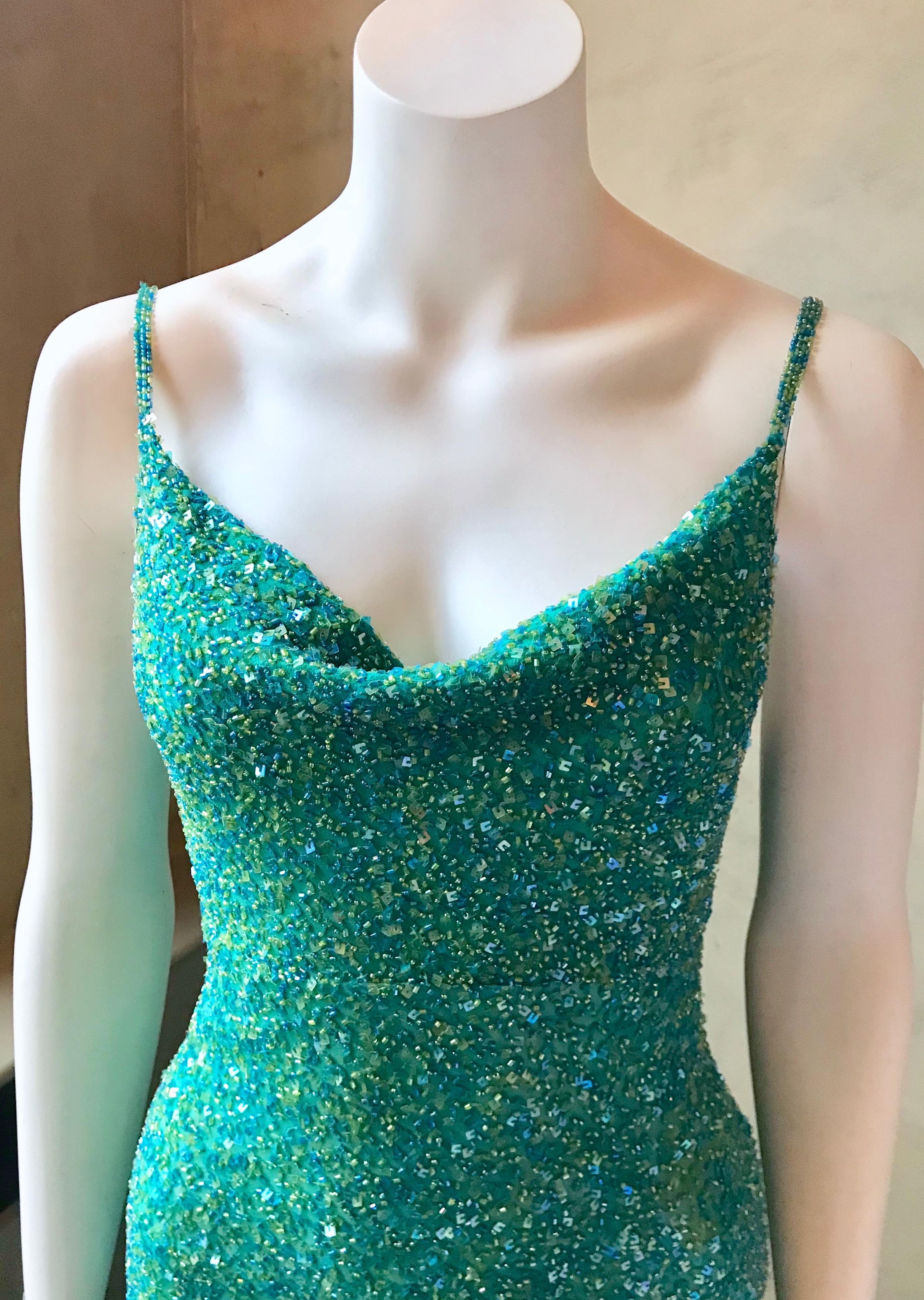 Vintage 1980's Scala Silk Beaded Teal Green Gown For Sale 2