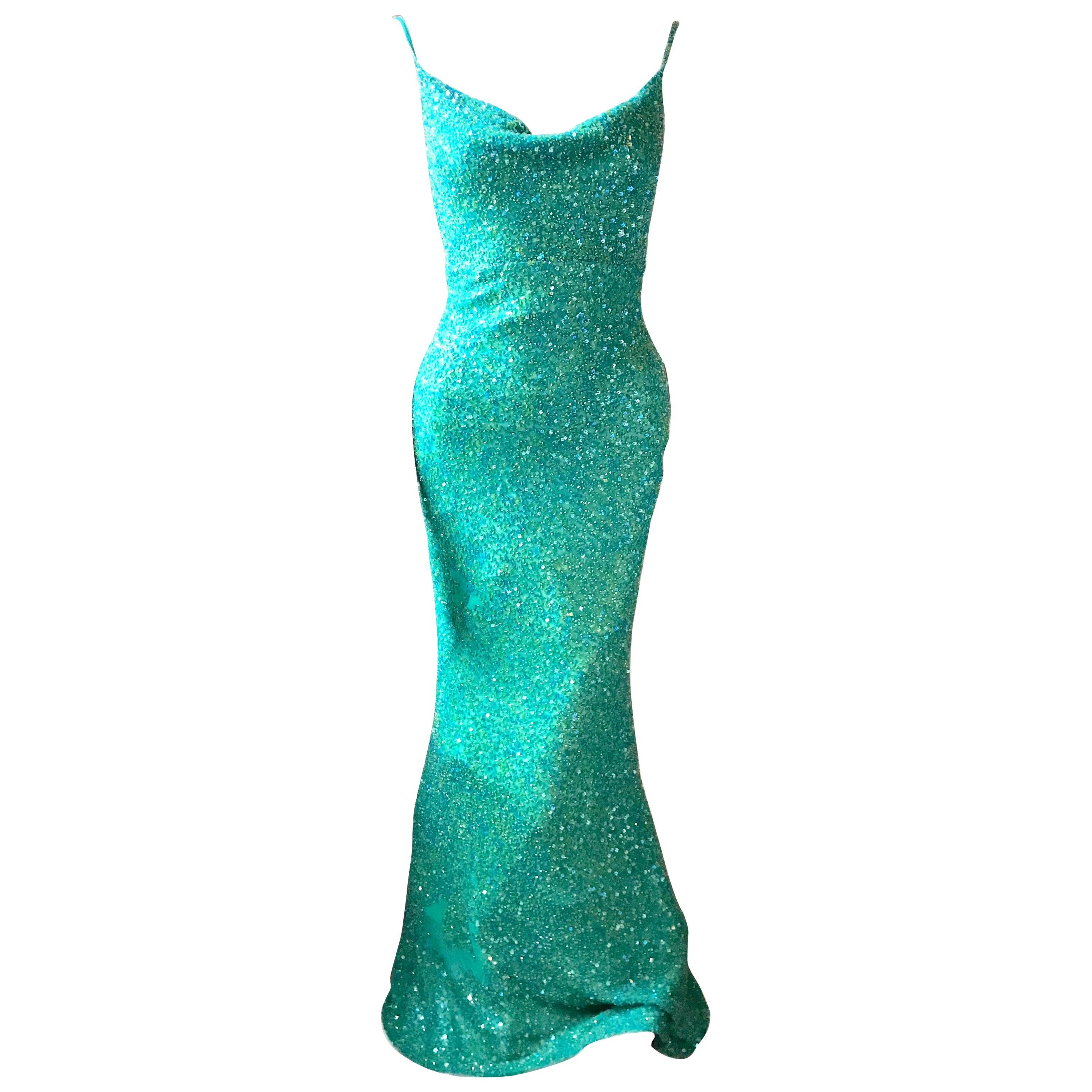 Vintage 1980's Scala Silk Beaded Teal Green Gown For Sale