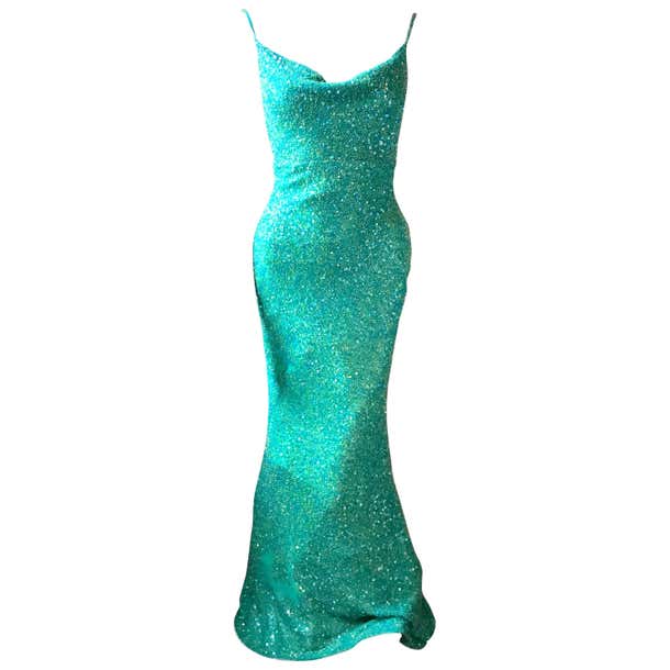 Vintage 1980's Scala Silk Beaded Teal Green Gown For Sale at 1stDibs ...