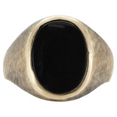Vintage 1980s Scratched Gold Black Onyx Signet Ring