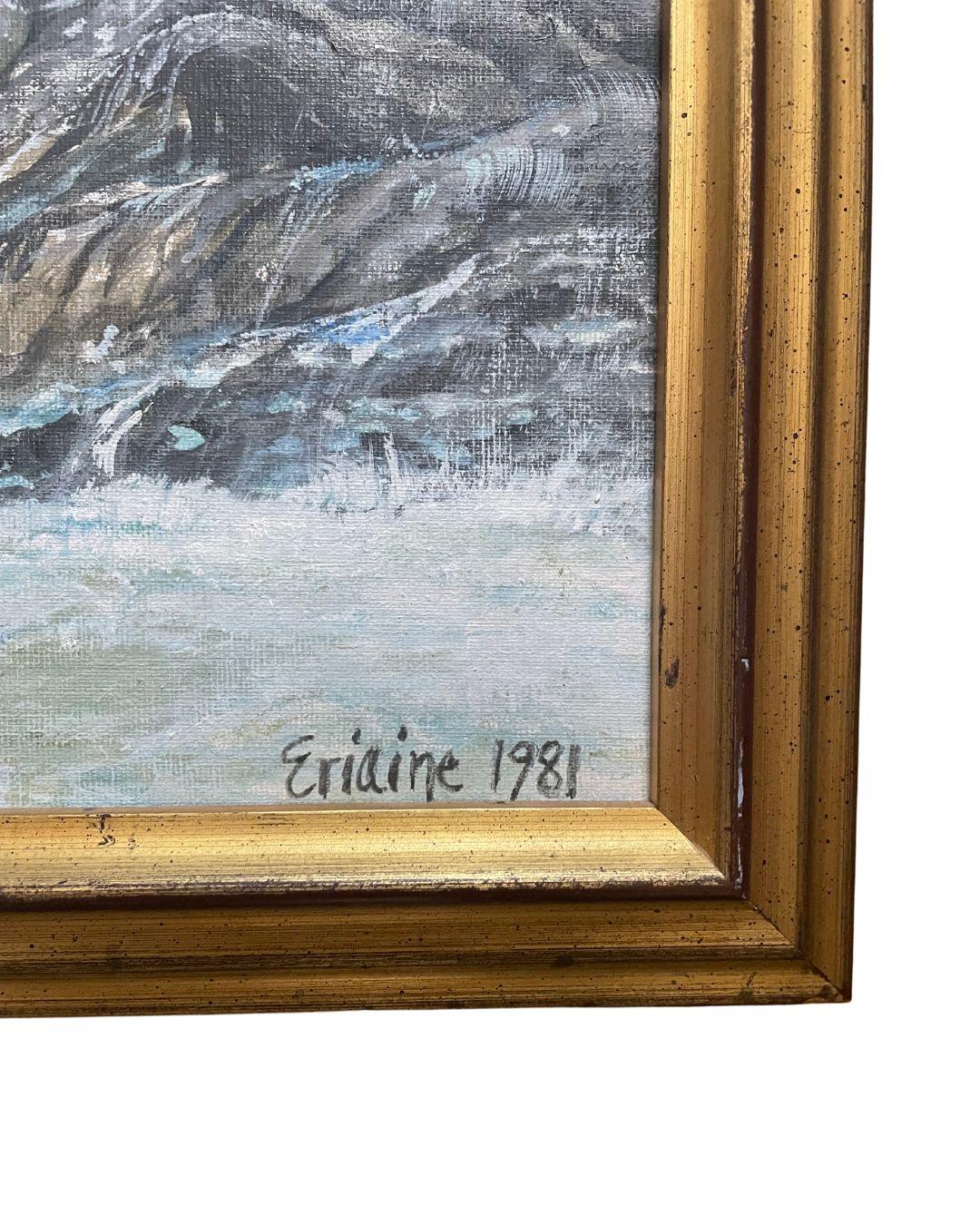Peinture acrylique vintage de paysage marin dans un cadre en bois doré. Signé et daté en bas à gauche : Eriaine 1981 ; Inscrit au dos en danois. Traduction libre du titre : 