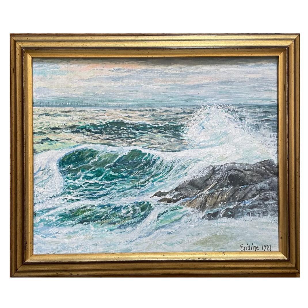 Peinture vintage de paysage marin dans un cadre en bois doré en vente