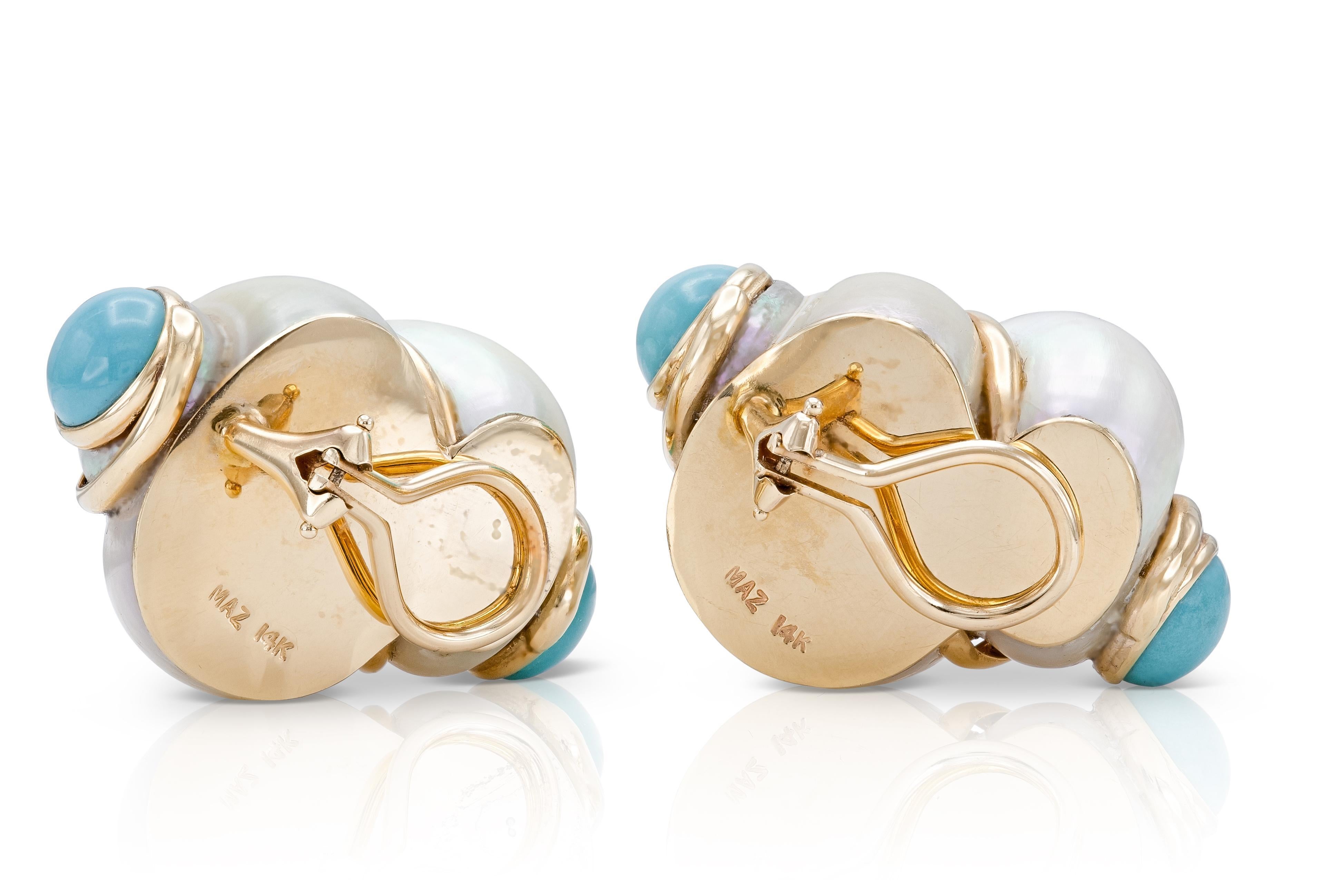 Vintage 1980s Seashell Earrings with Turquoise en Bueno estado para la venta en New York, NY