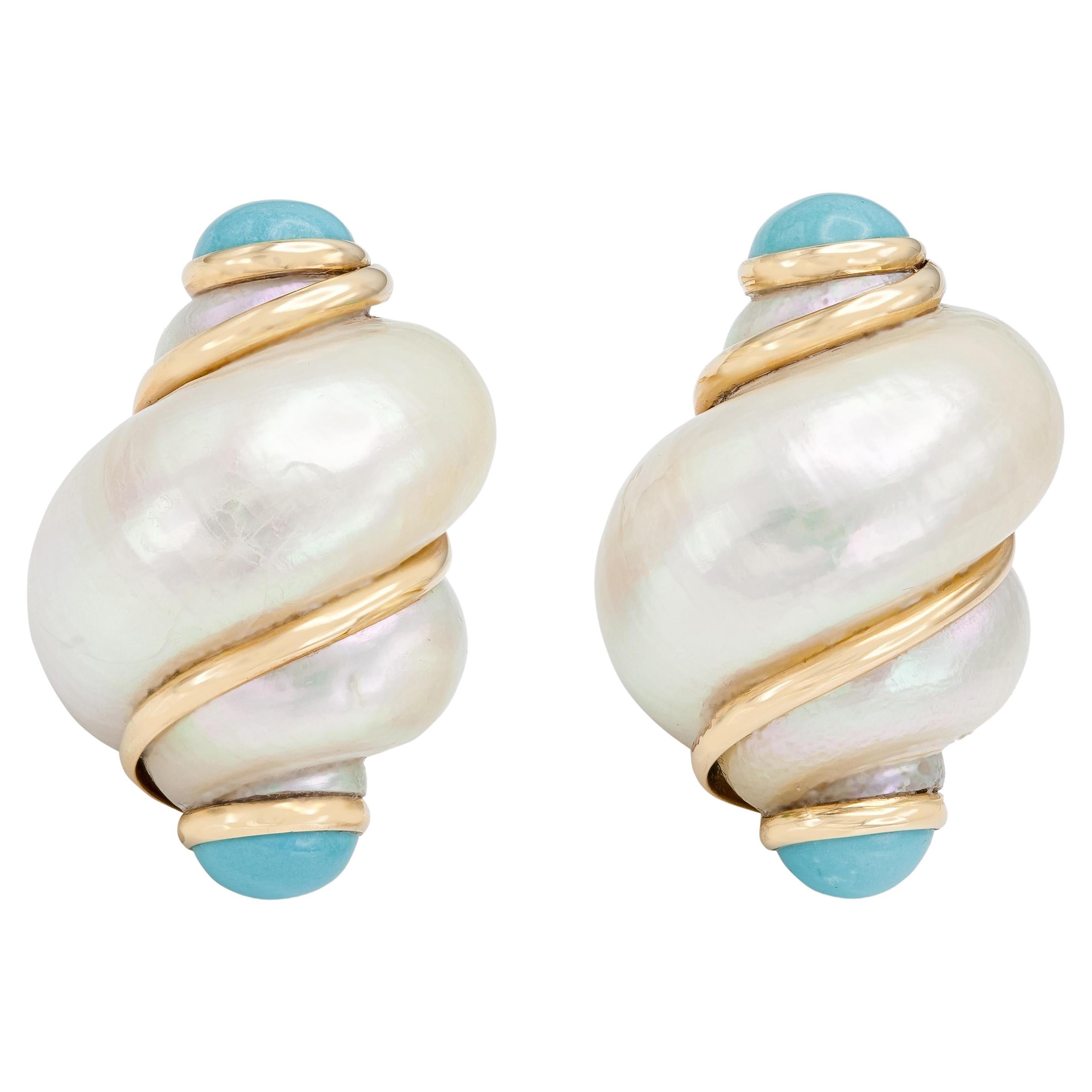 Vintage 1980s Seashell Earrings with Turquoise en venta