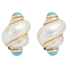 Vintage 1980s Seashell Earrings with Turquoise