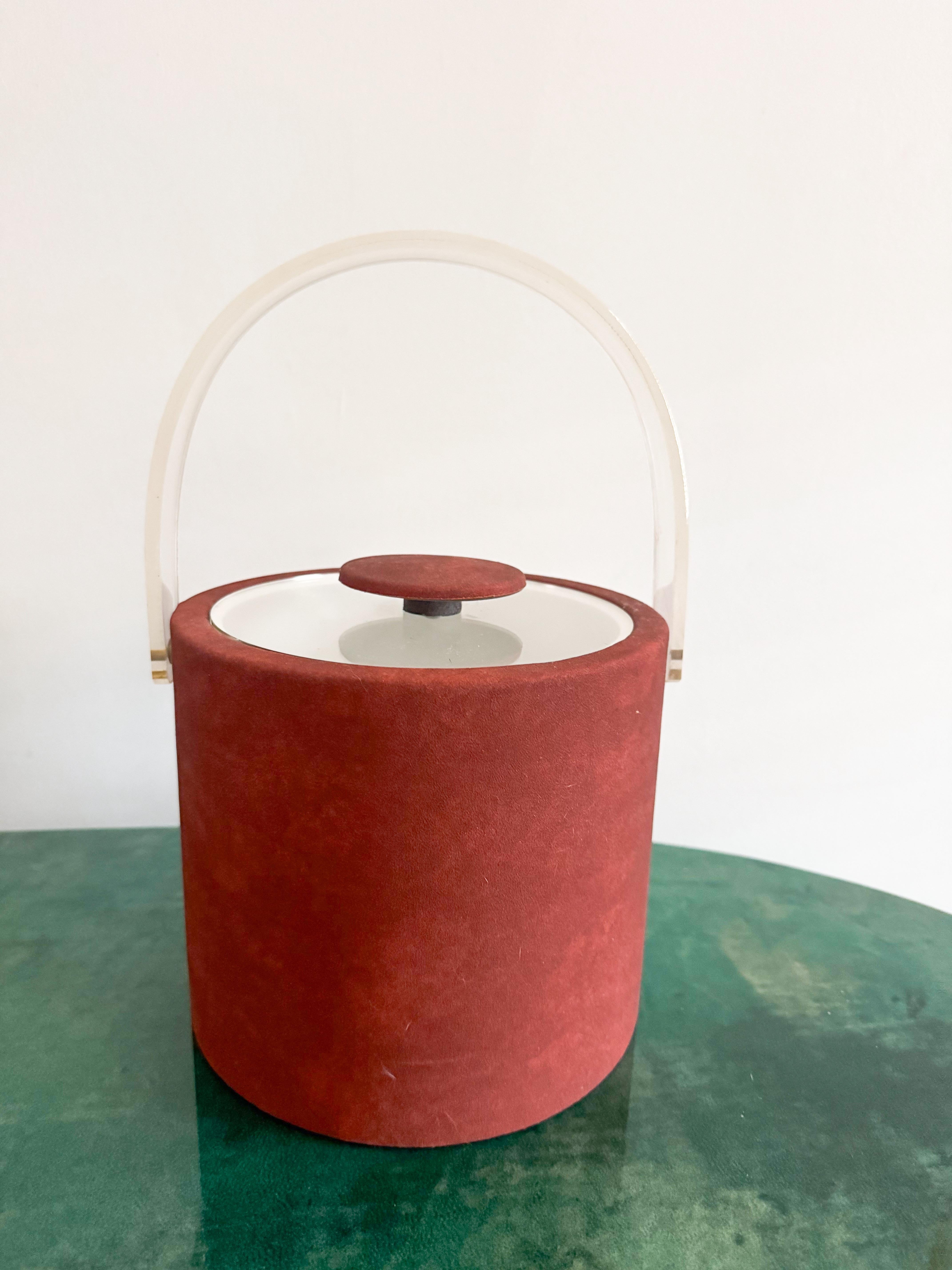 Postmoderne Vintage 1980 Shelton Ware Seau à Glace en Tissu Terracotta avec Poignée Lucite Tong en vente