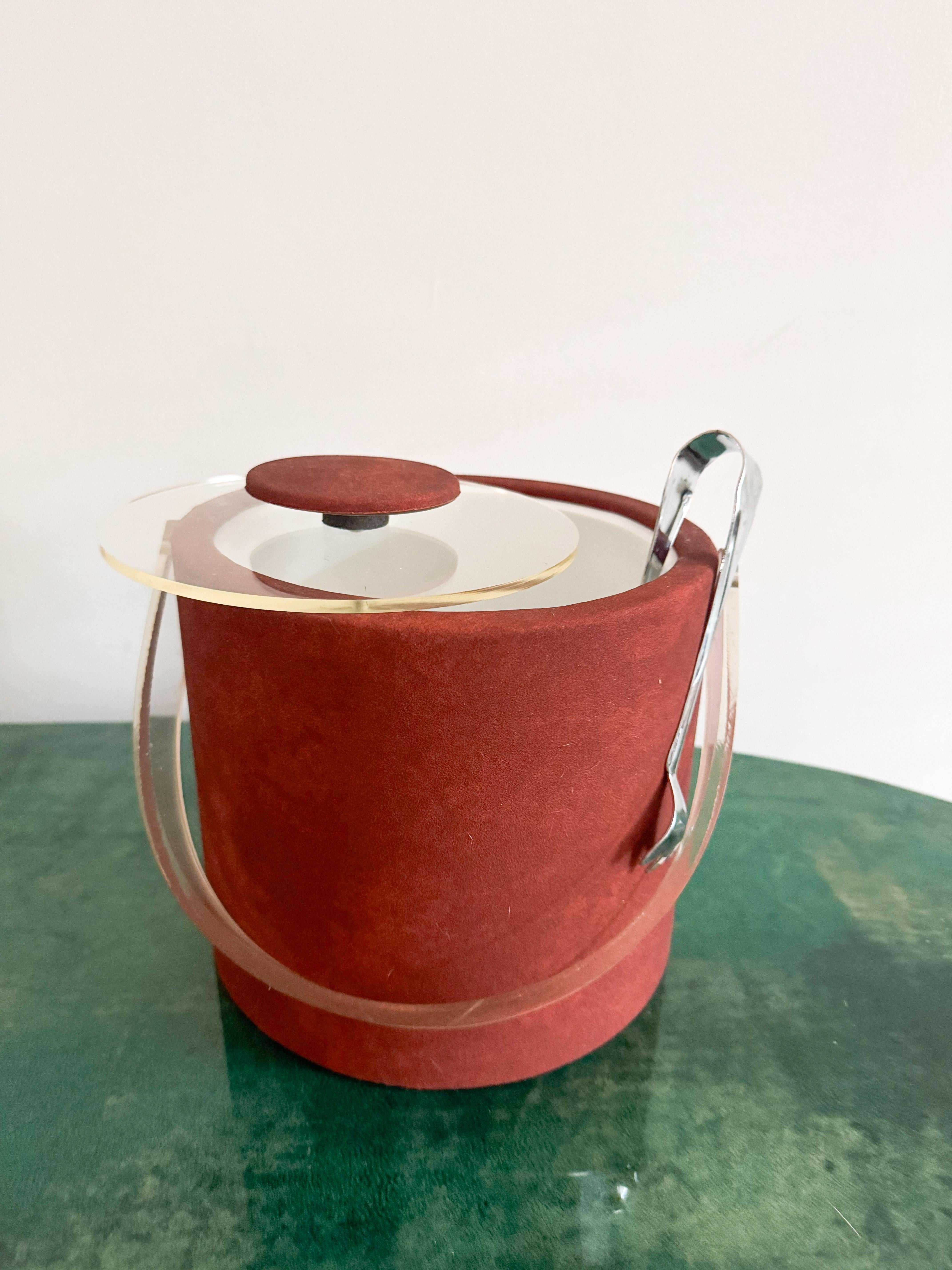 Vintage 1980 Shelton Ware Seau à Glace en Tissu Terracotta avec Poignée Lucite Tong en vente 1