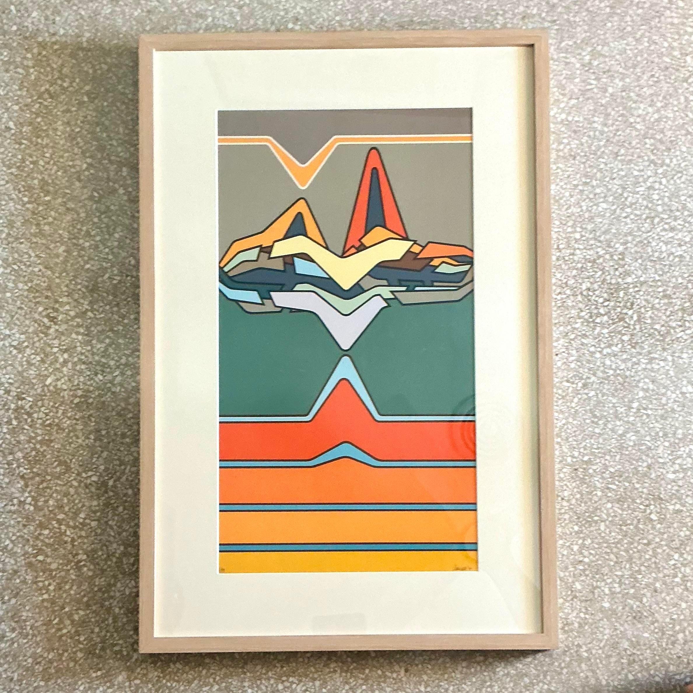 Vetro Litografia astratta firmata vintage anni '80 in vendita