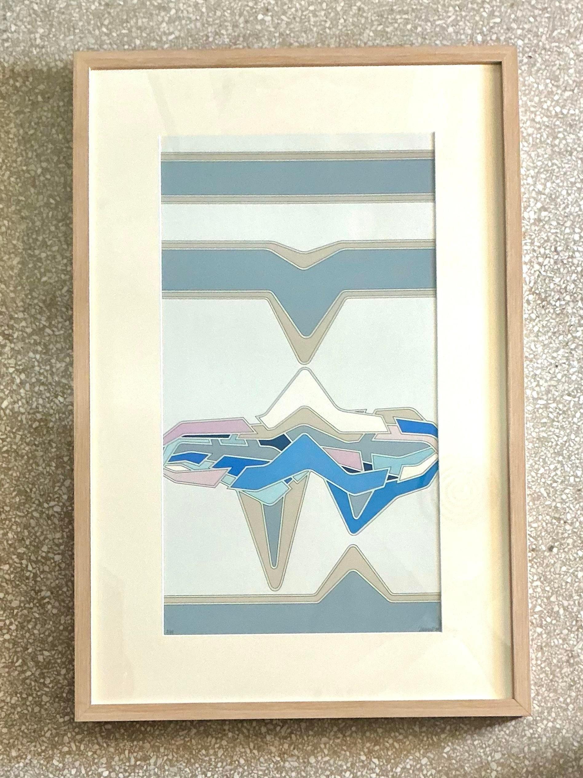 Americano Stampa litografica astratta firmata vintage anni '80, incorniciata in vendita