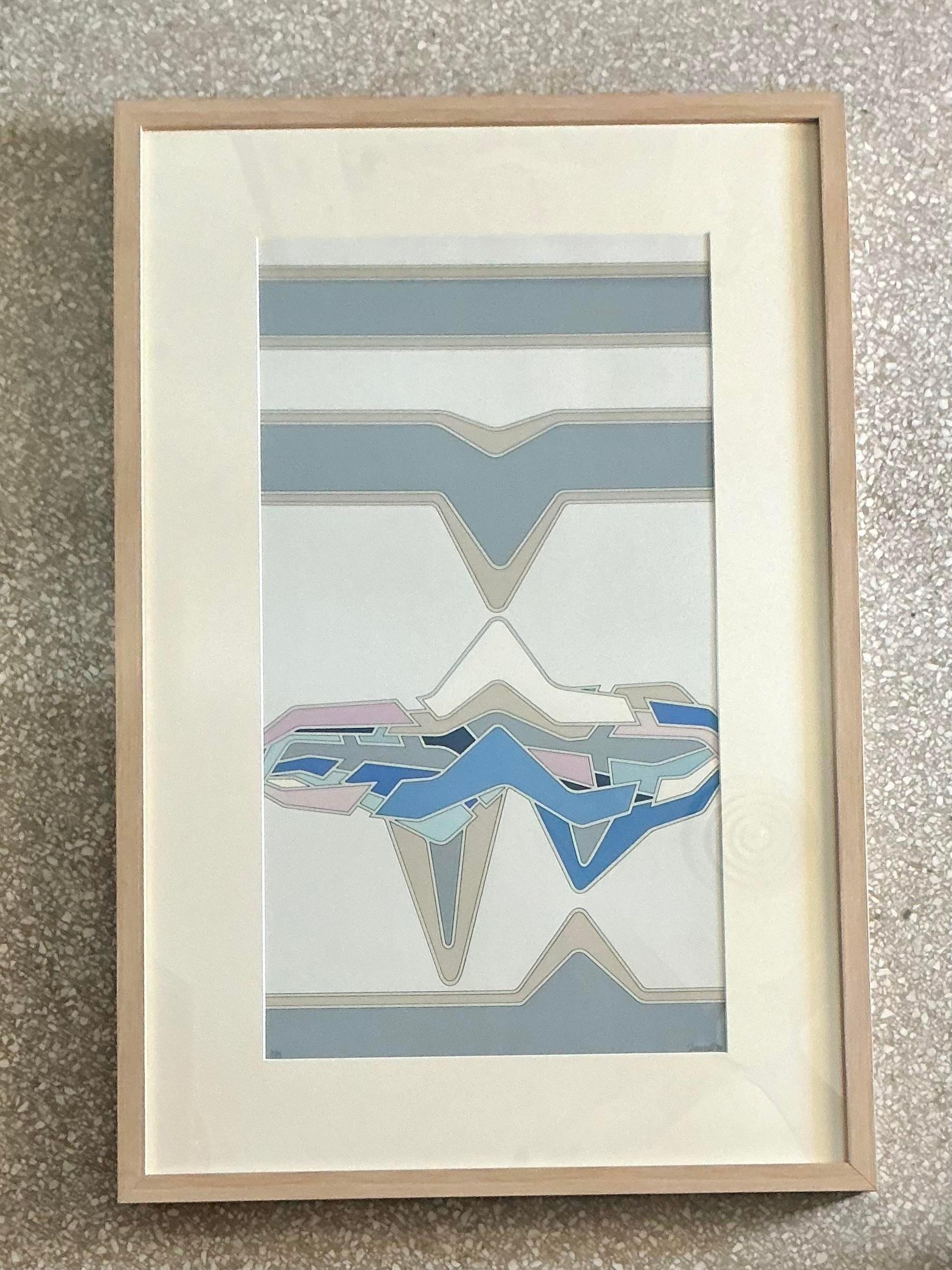 Vetro Stampa litografica astratta firmata vintage anni '80, incorniciata in vendita