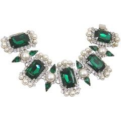 Vintage 1980s Signed By Tiara Outstanding Green Crystal And Faux Pearl Bracelet