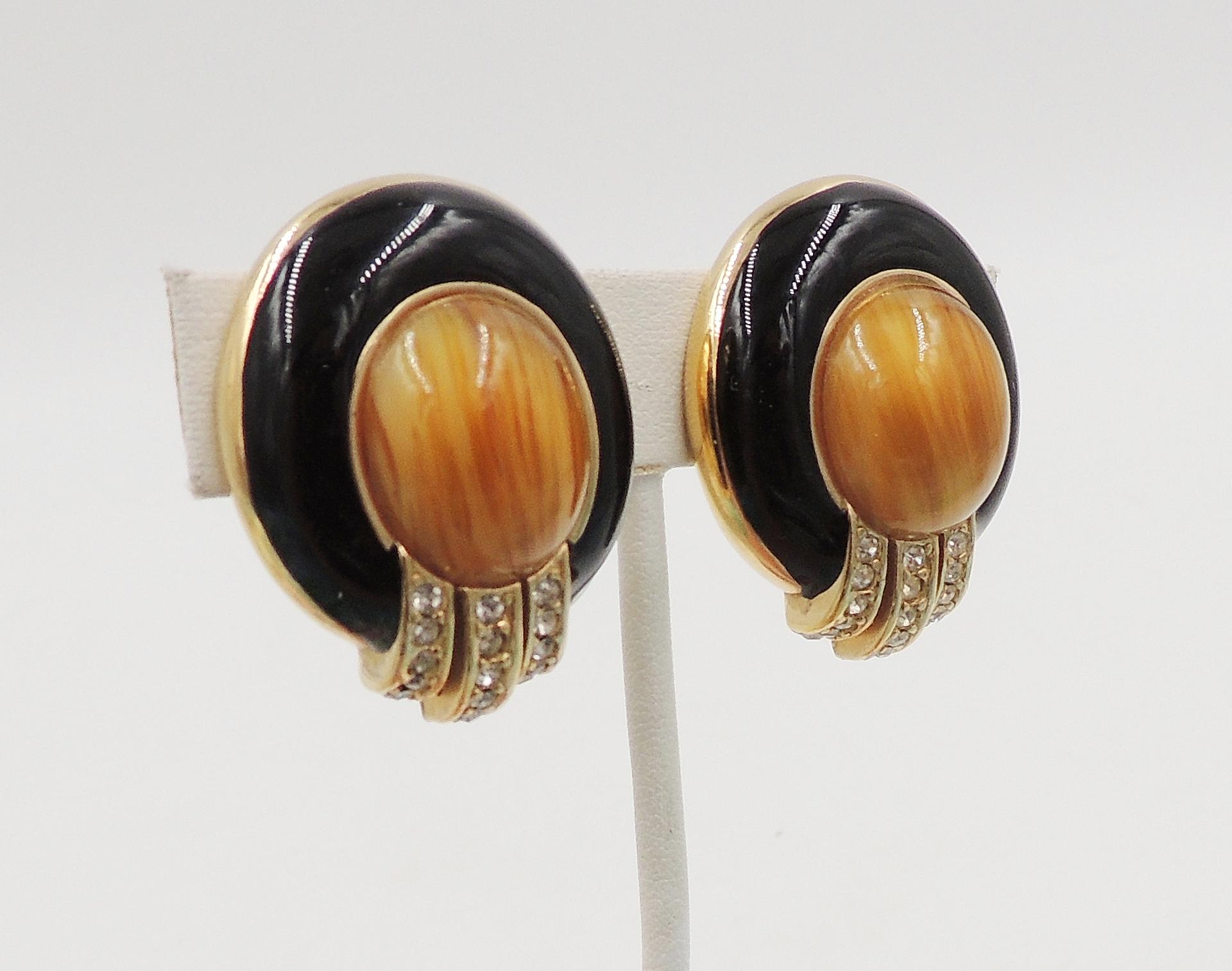 1980s goldtone cabochon faux-agate, black enamel and rhinestone clip back earrings. Marked 