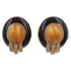 Retro 1980s Signed Ciner Cabochon Faux-Agate & Black Enamel Earrings