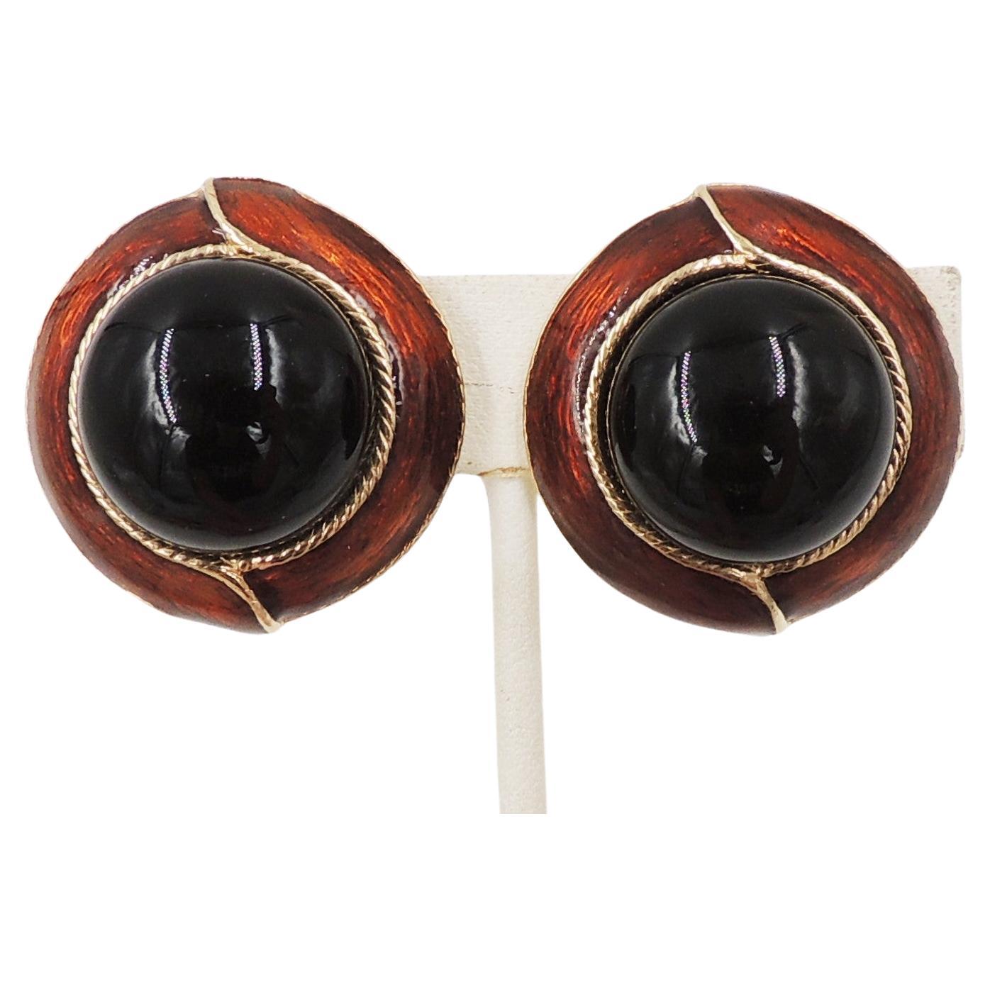 Vintage 1980s Signed Ciner Cabochon Faux-Onyx & Brown Enamel Earrings For Sale