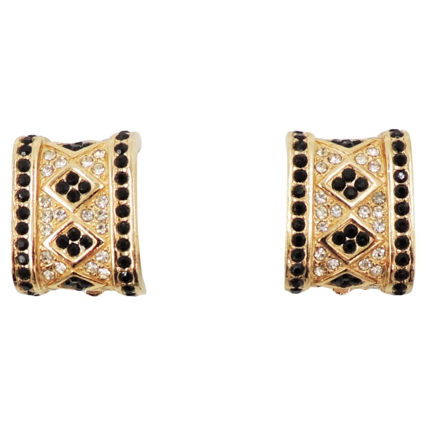 Vintage 1980s Signed Ciner Goldtone Faux-Onyx & Clear Rhinestone Earrings For Sale