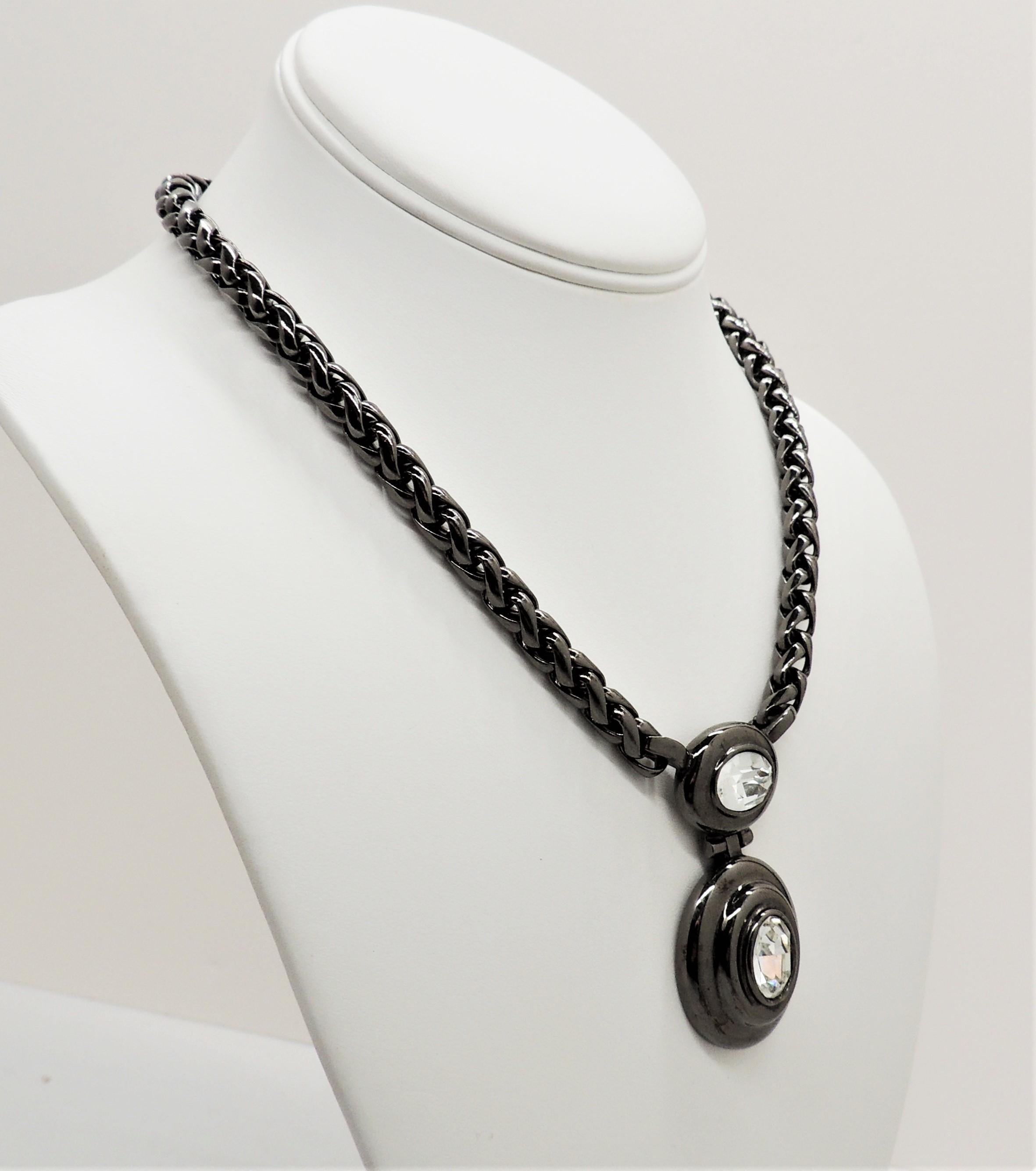 Modern Vintage 1980s Signed Givenchy Hematite Finish Clear Rhinestone Pendant Necklace For Sale
