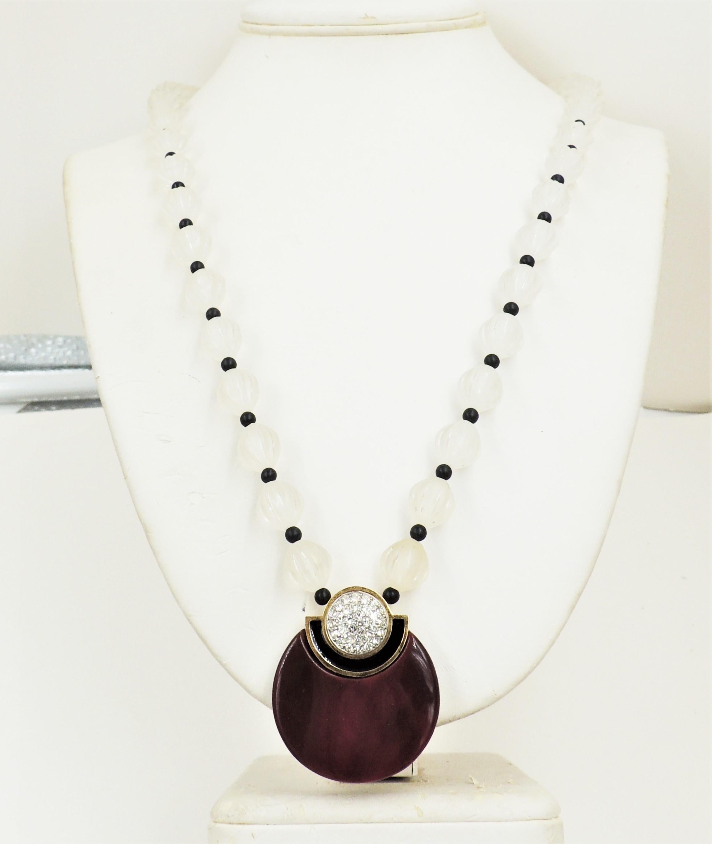 Vintage 1980s Givenchy Deco Style Lucite & Pave Rhinestone Pendant Necklace In Excellent Condition For Sale In Easton, PA