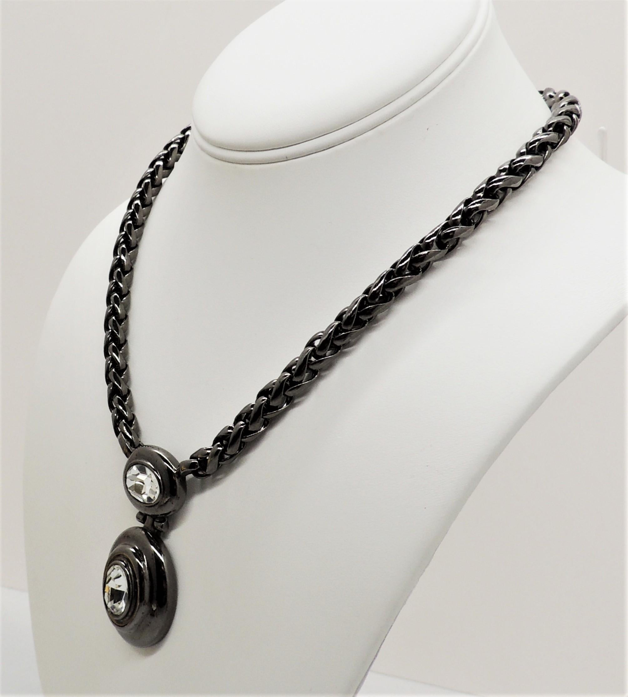 Vintage 1980s Signed Givenchy Hematite Finish Clear Rhinestone Pendant Necklace In Excellent Condition For Sale In Easton, PA