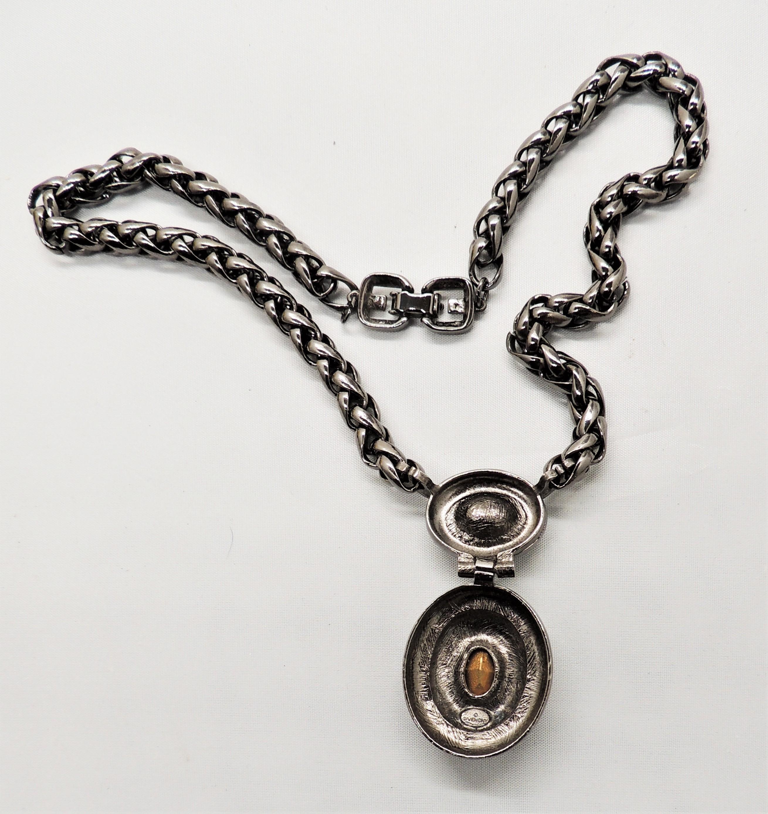 Vintage 1980s Signed Givenchy Hematite Finish Clear Rhinestone Pendant Necklace For Sale 1