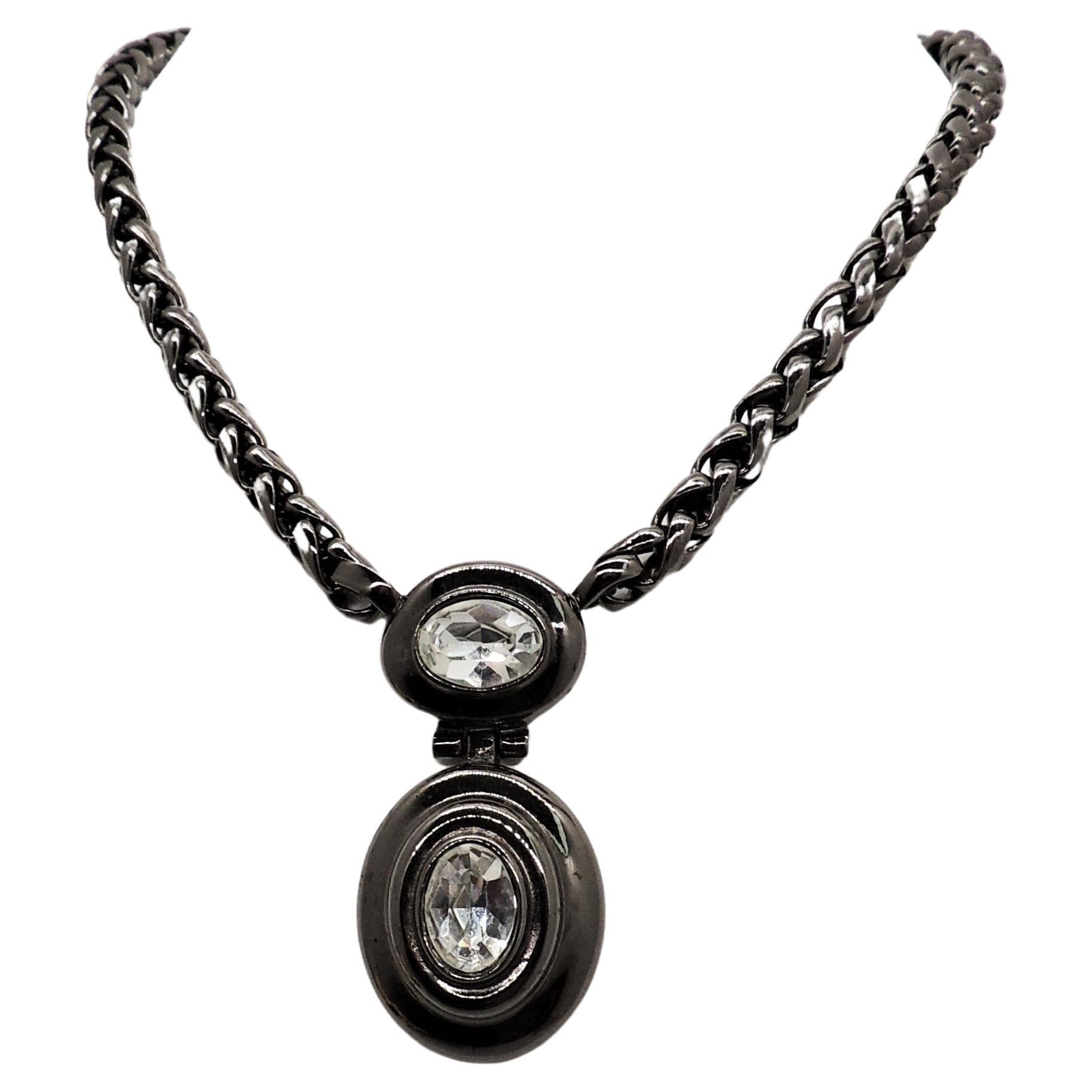 Vintage 1980s Signed Givenchy Hematite Finish Clear Rhinestone Pendant Necklace For Sale