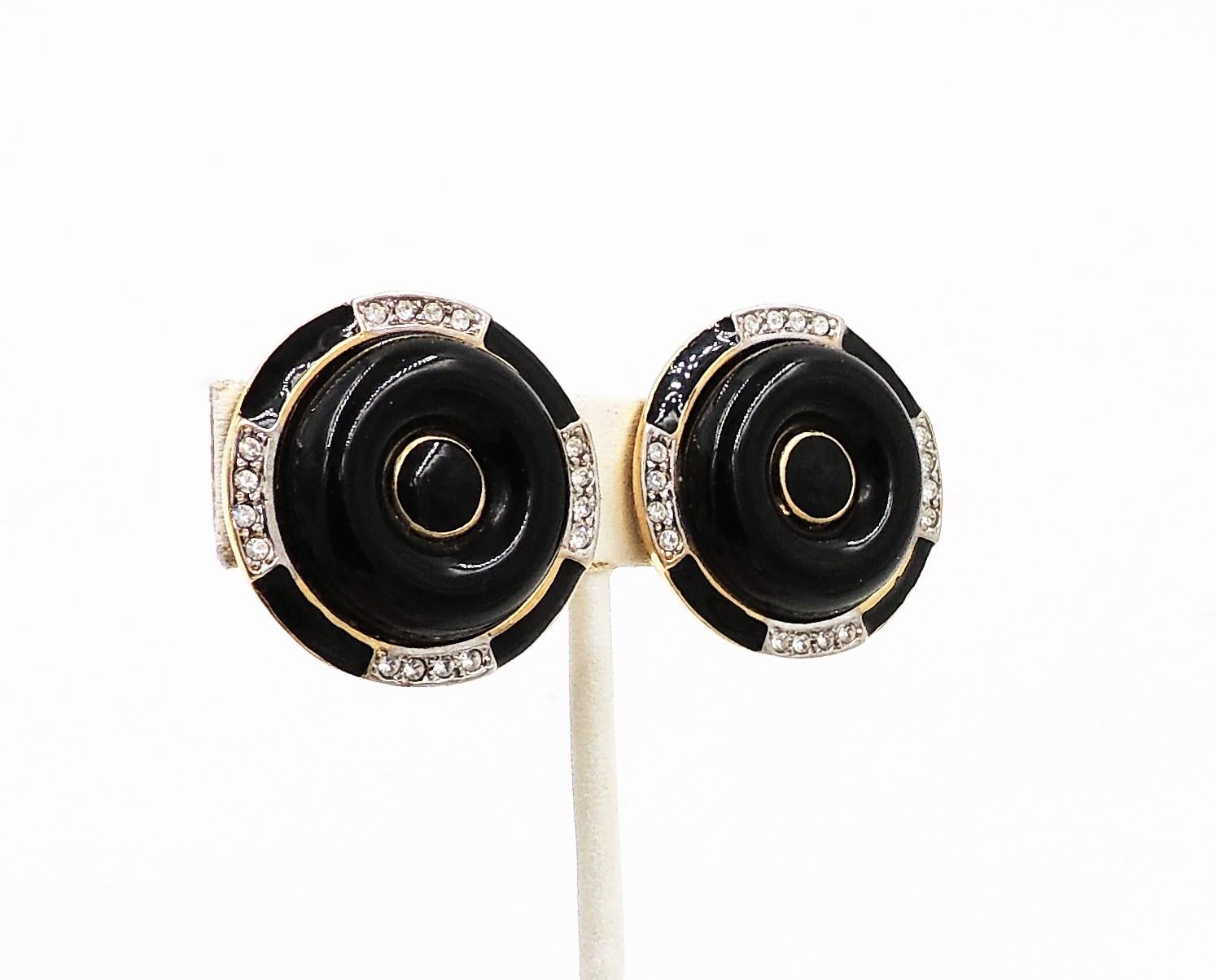 1980s art deco style round goldtone faux-onyx rhinestone, black enamel and clear rhinestone clip back earrings. Marked 