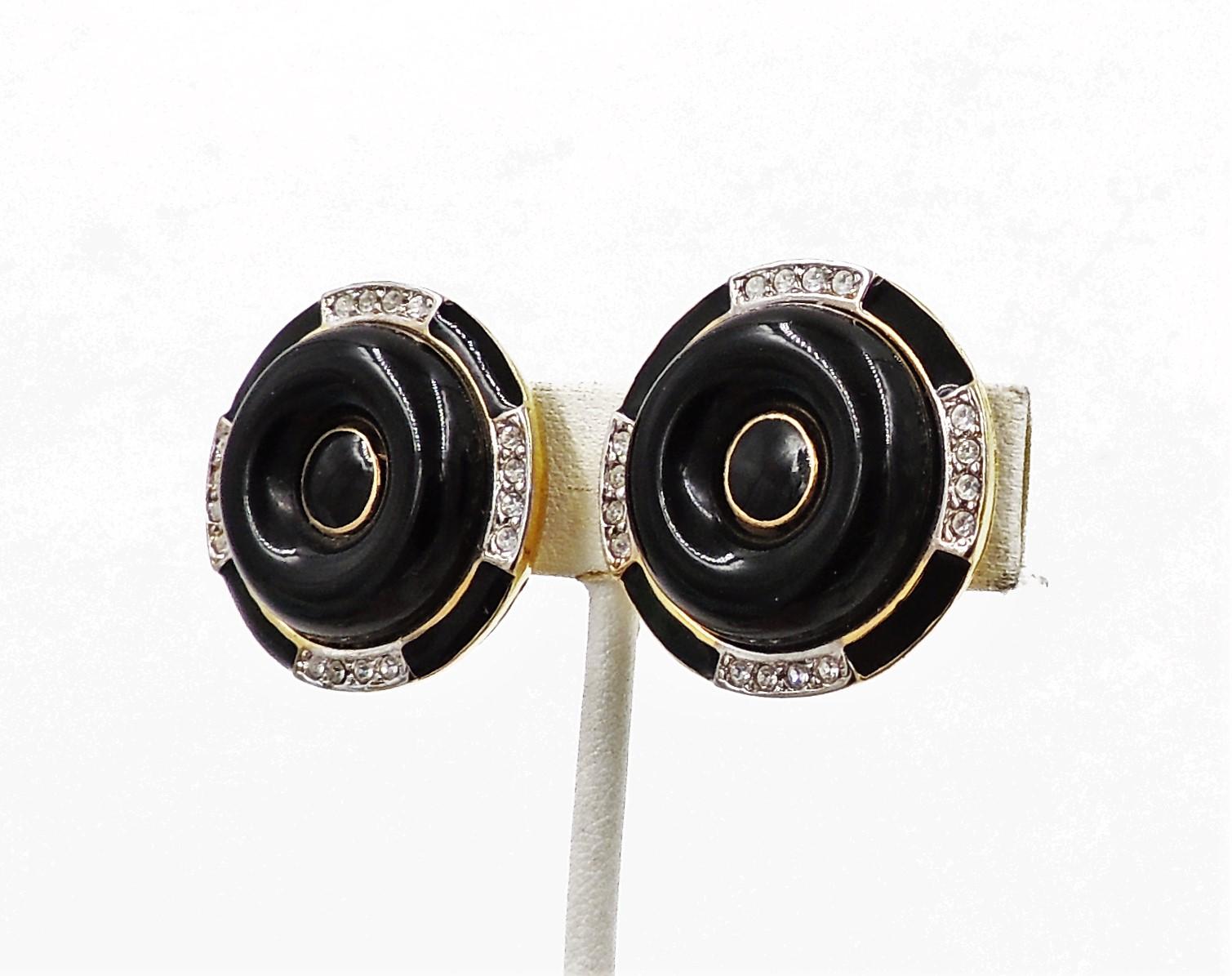 Art Deco Vintage 1980s Signed Kenneth Lane Deco Style Faux-Onyx Cabochon Earrings For Sale