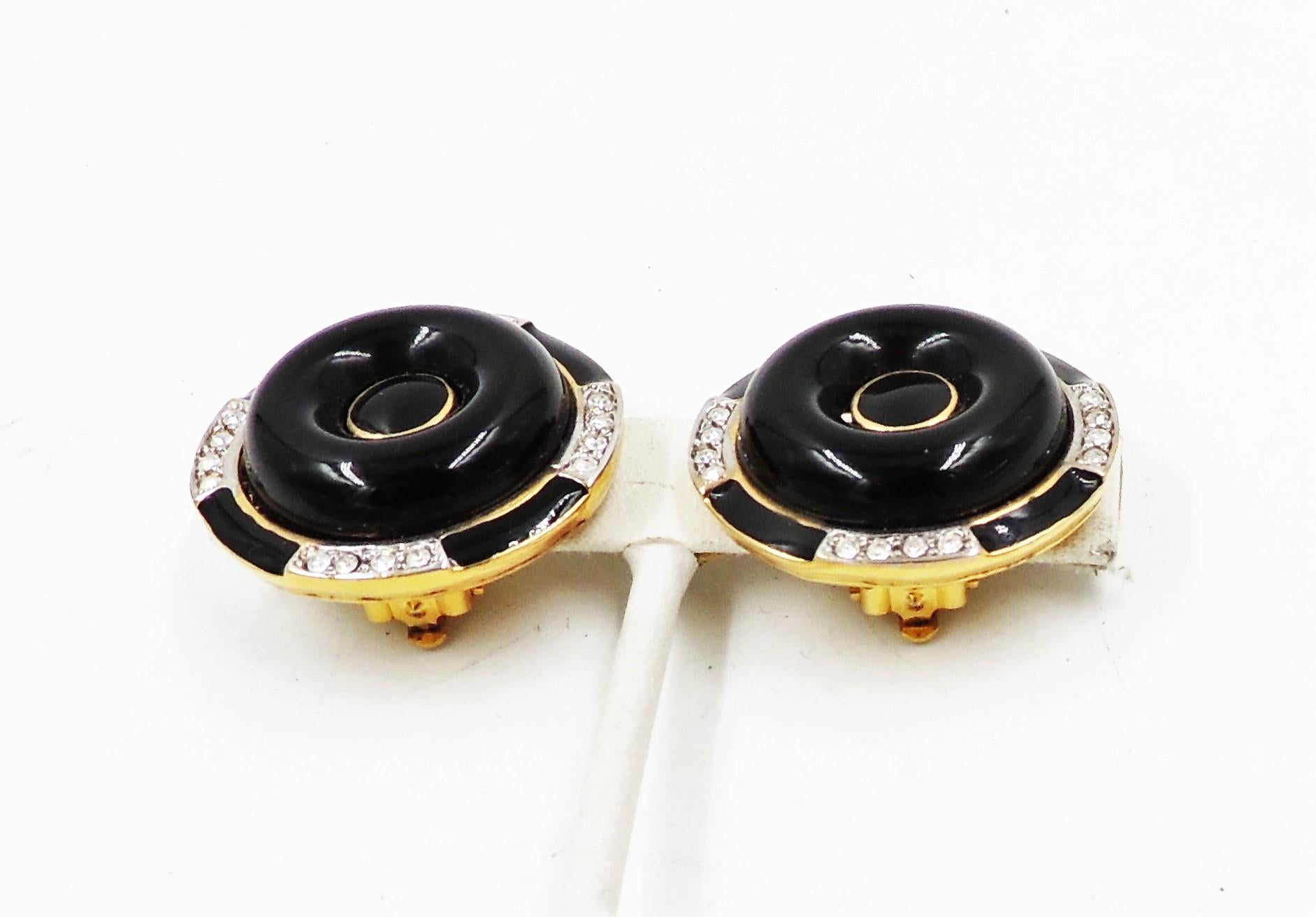 Vintage 1980s Signed Kenneth Lane Deco Style Faux-Onyx Cabochon Earrings In Excellent Condition For Sale In Easton, PA