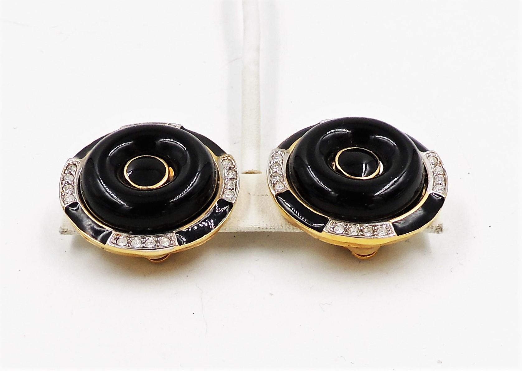 Women's or Men's Vintage 1980s Signed Kenneth Lane Deco Style Faux-Onyx Cabochon Earrings For Sale
