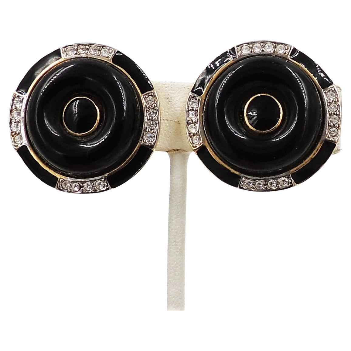 Vintage 1980s Signed Kenneth Lane Deco Style Faux-Onyx Cabochon Earrings For Sale