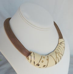 Vintage 1980s Signed Monet Modernist Goldtone & White Enamel Collar Necklace