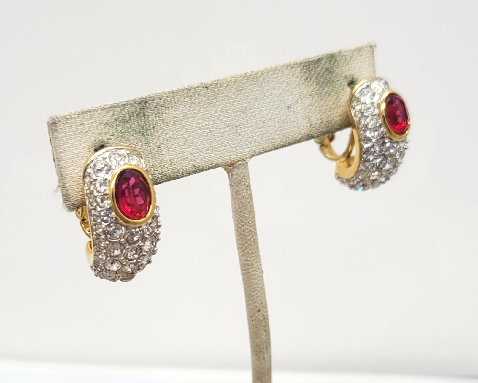 Modern Vintage 1980s Signed Nina Ricci Paris Pave Clear & Faux-Ruby Pierced Earrings For Sale