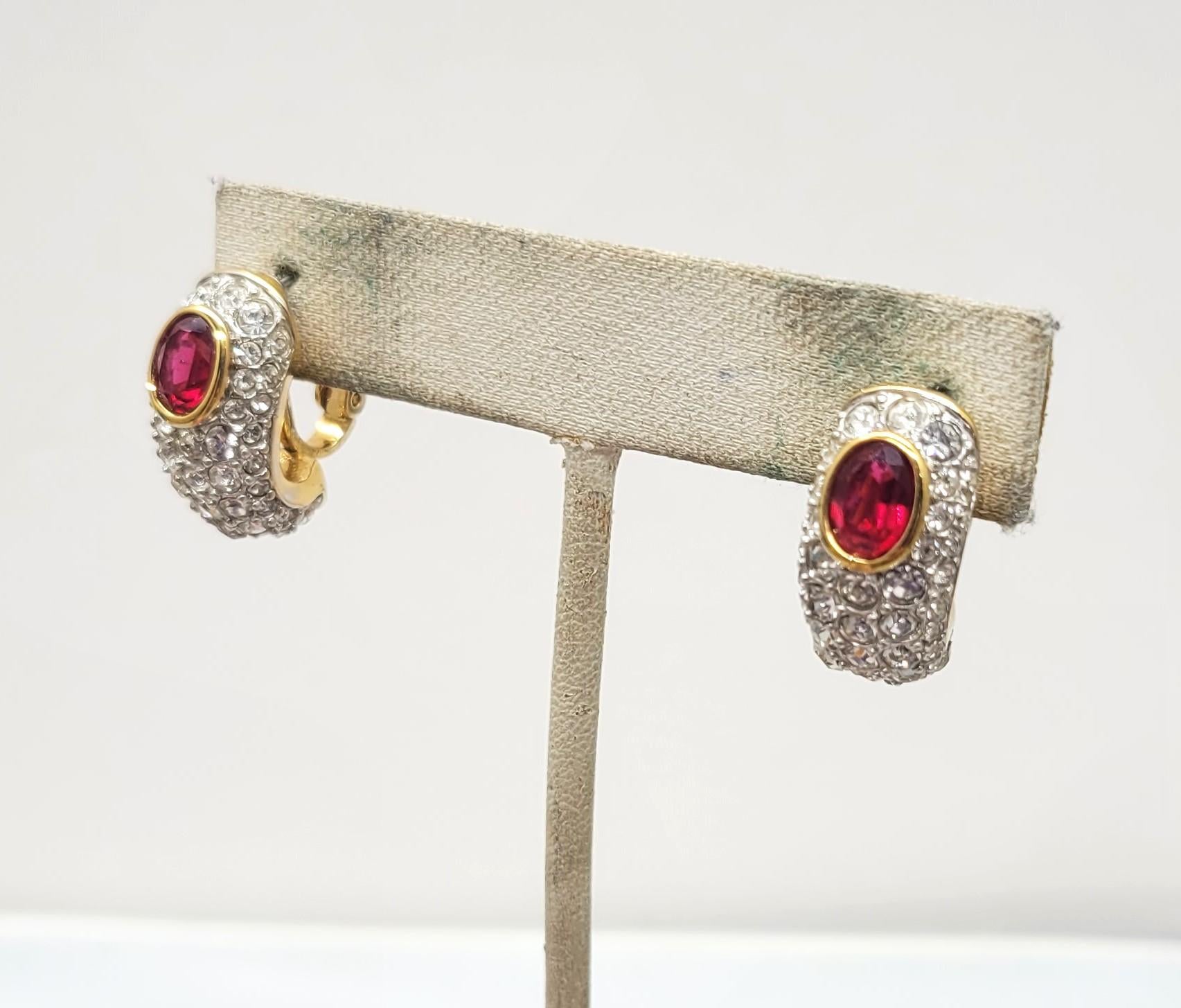 Vintage 1980s Signed Nina Ricci Paris Pave Clear & Faux-Ruby Pierced Earrings In Excellent Condition For Sale In Easton, PA