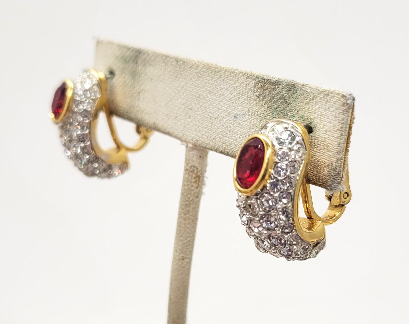 Vintage 1980s Signed Nina Ricci Paris Pave Clear & Faux-Ruby Pierced Earrings For Sale 1