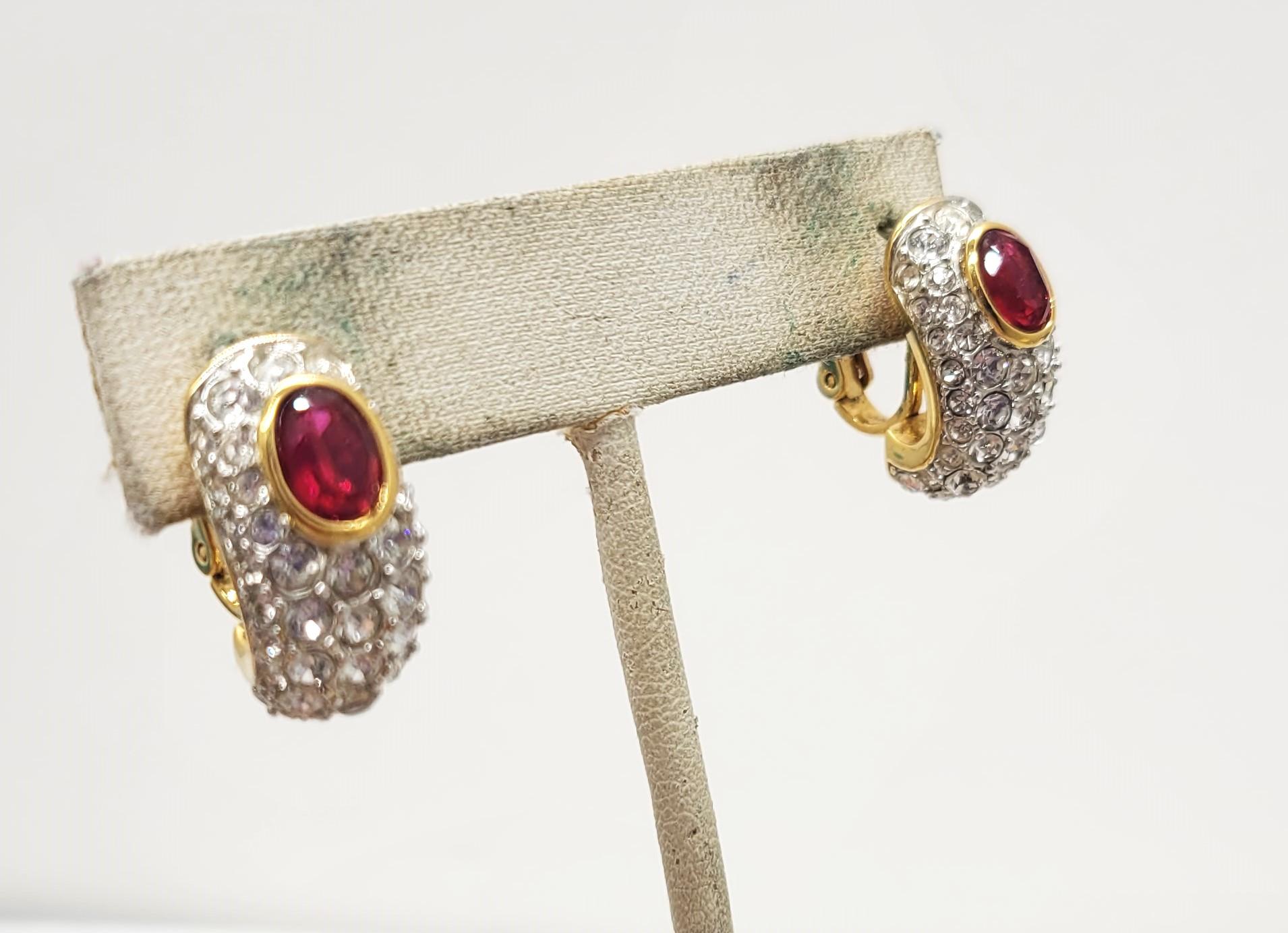 Vintage 1980s Signed Nina Ricci Paris Pave Clear & Faux-Ruby Pierced Earrings For Sale 2