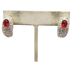 Vintage 1980s Signed Nina Ricci Paris Pave Clear & Faux-Ruby Pierced Earrings